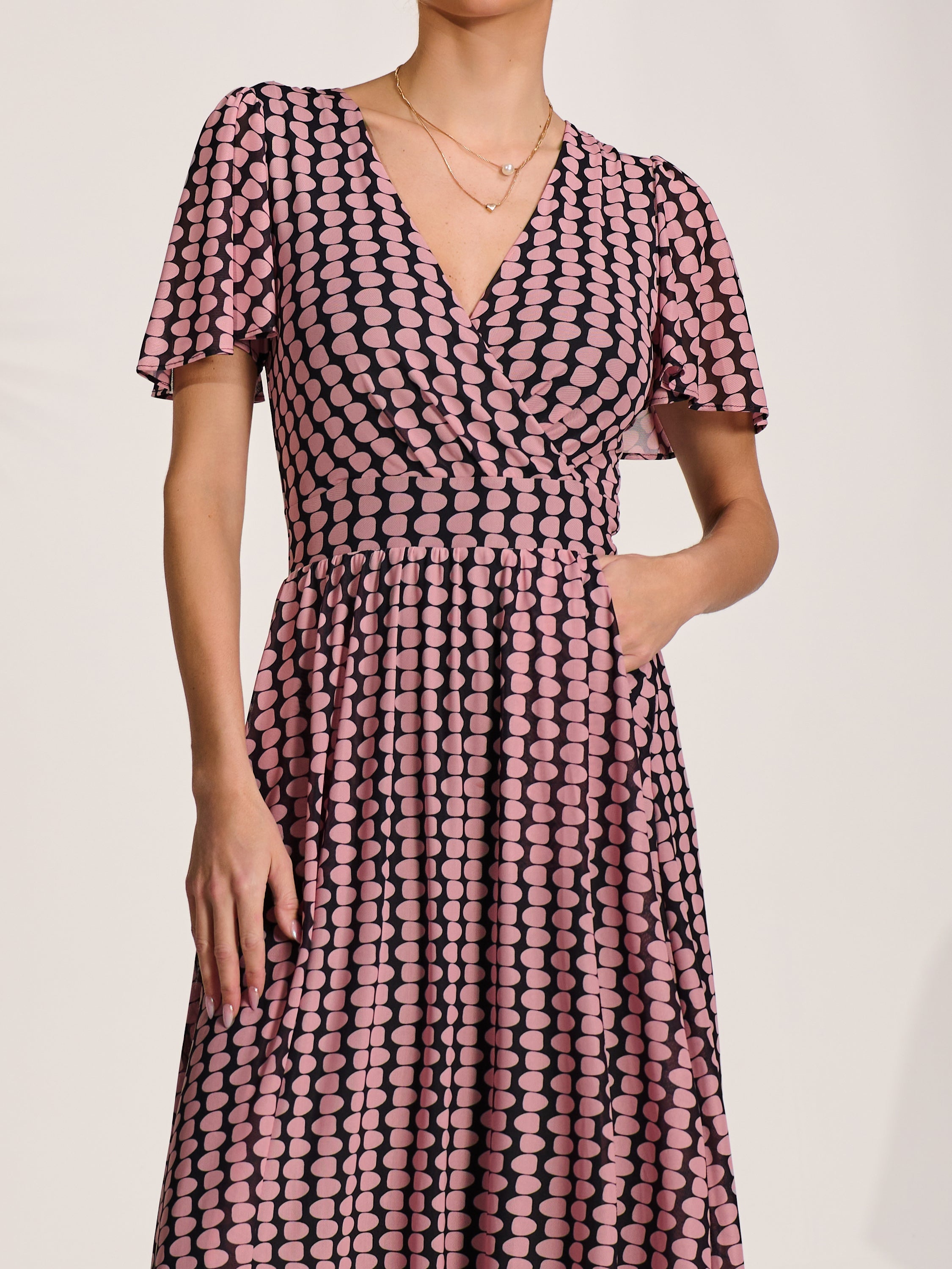 Mesh Short Sleeve Midaxi Dress PINK GEO Side View