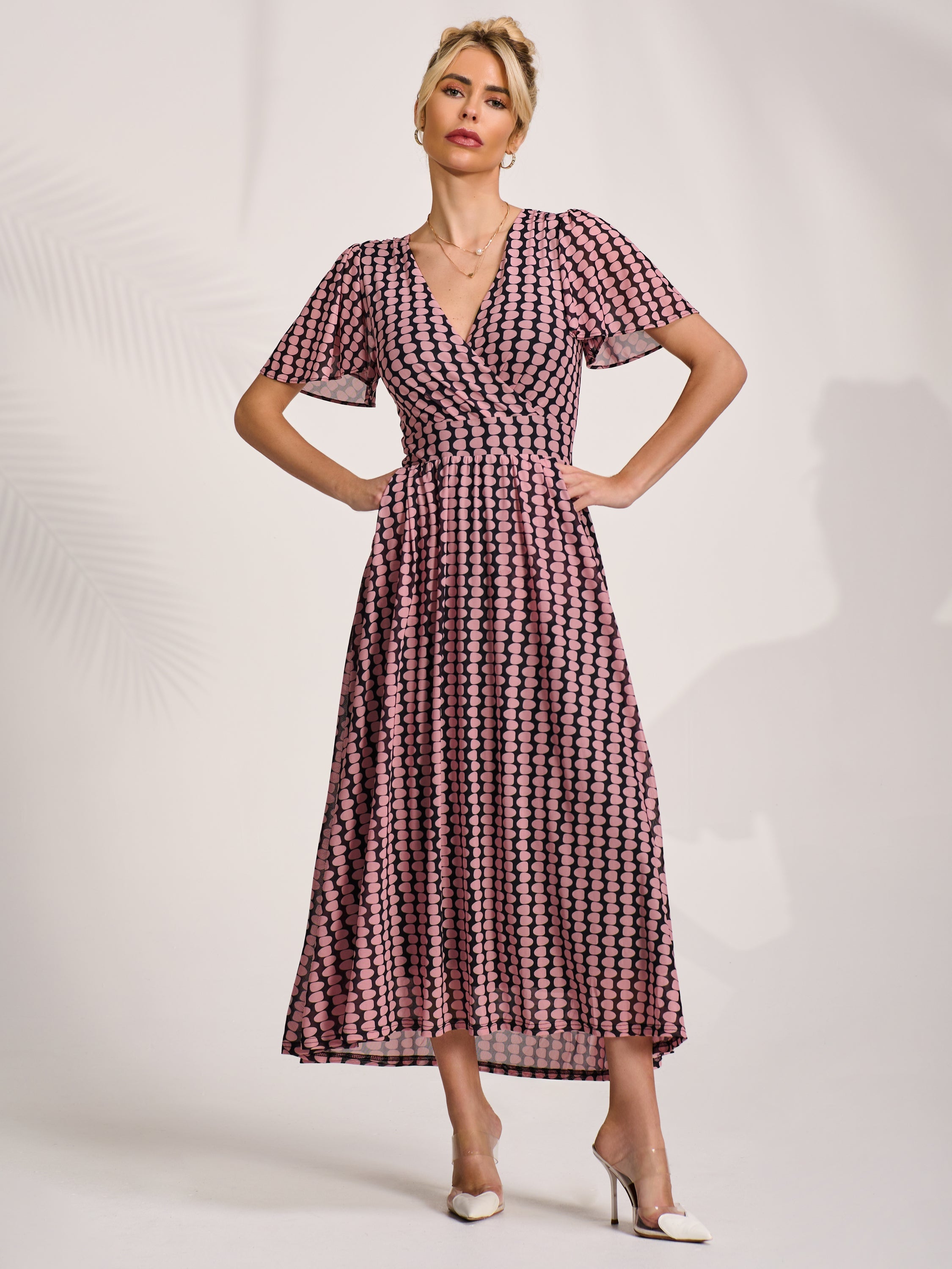 Mesh Short Sleeve Midaxi Dress PINK GEO Front View 2