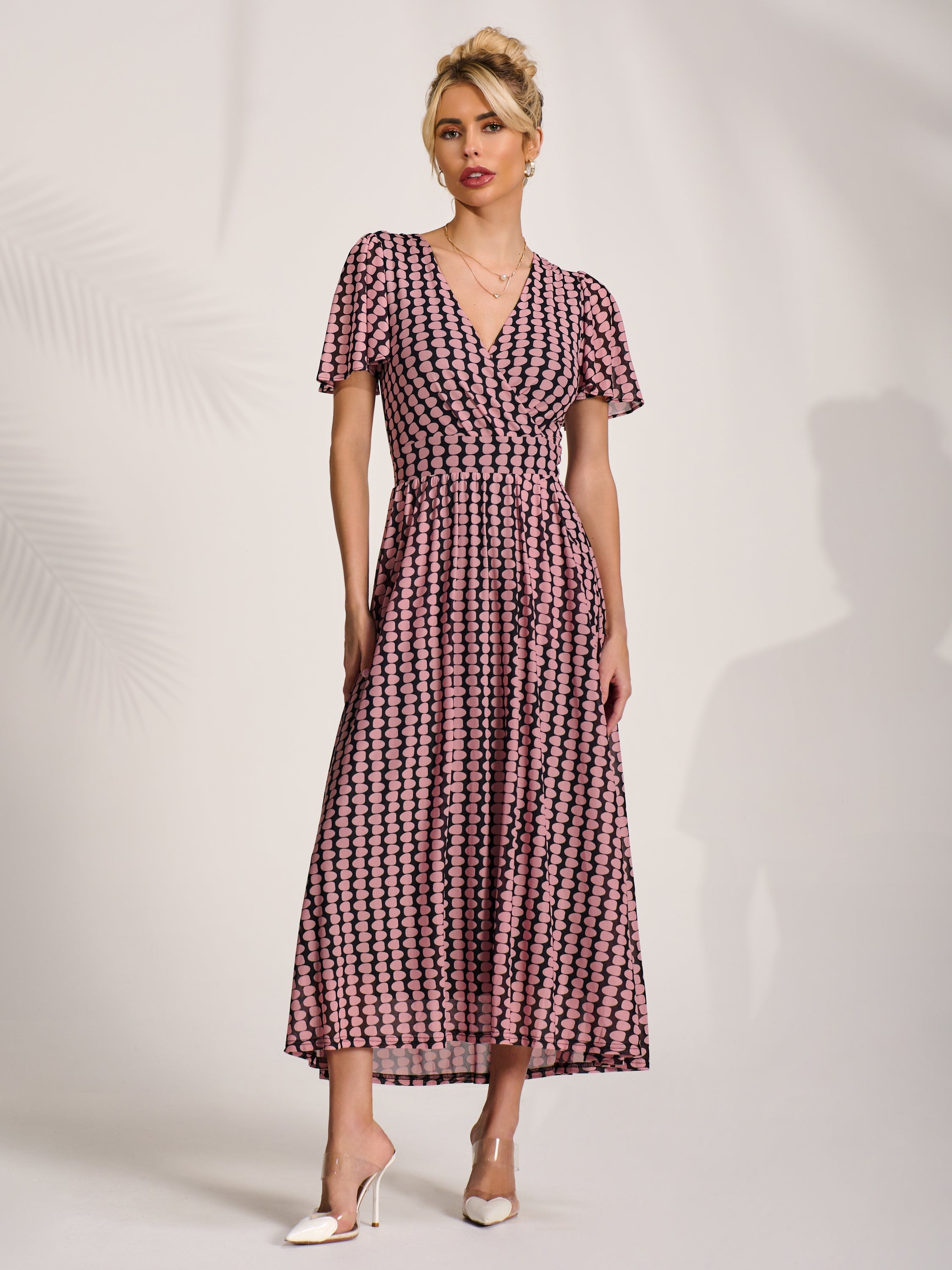 Mesh Short Sleeve Midaxi Dress PINK GEO Full Length View