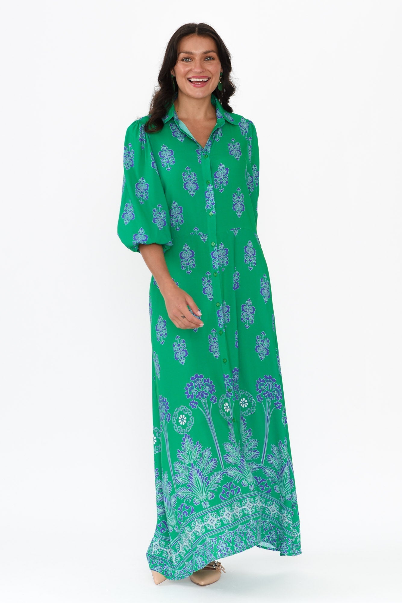 Alivia Green Mosaic Shirt Dress Back View