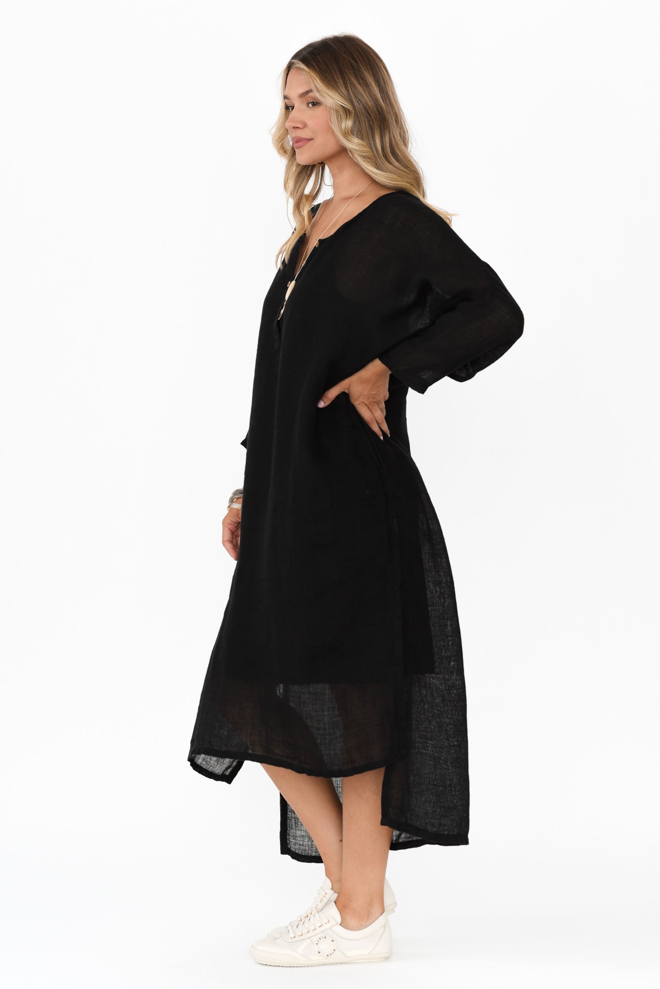 Analia Black Linen Kaftan Side View