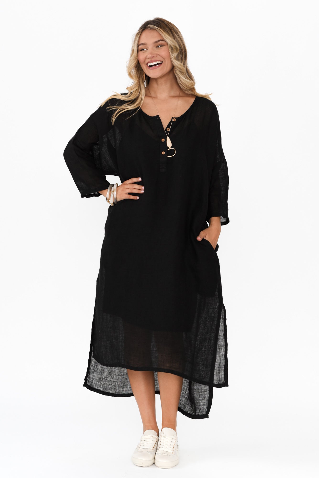 Analia Black Linen Kaftan Full Length View