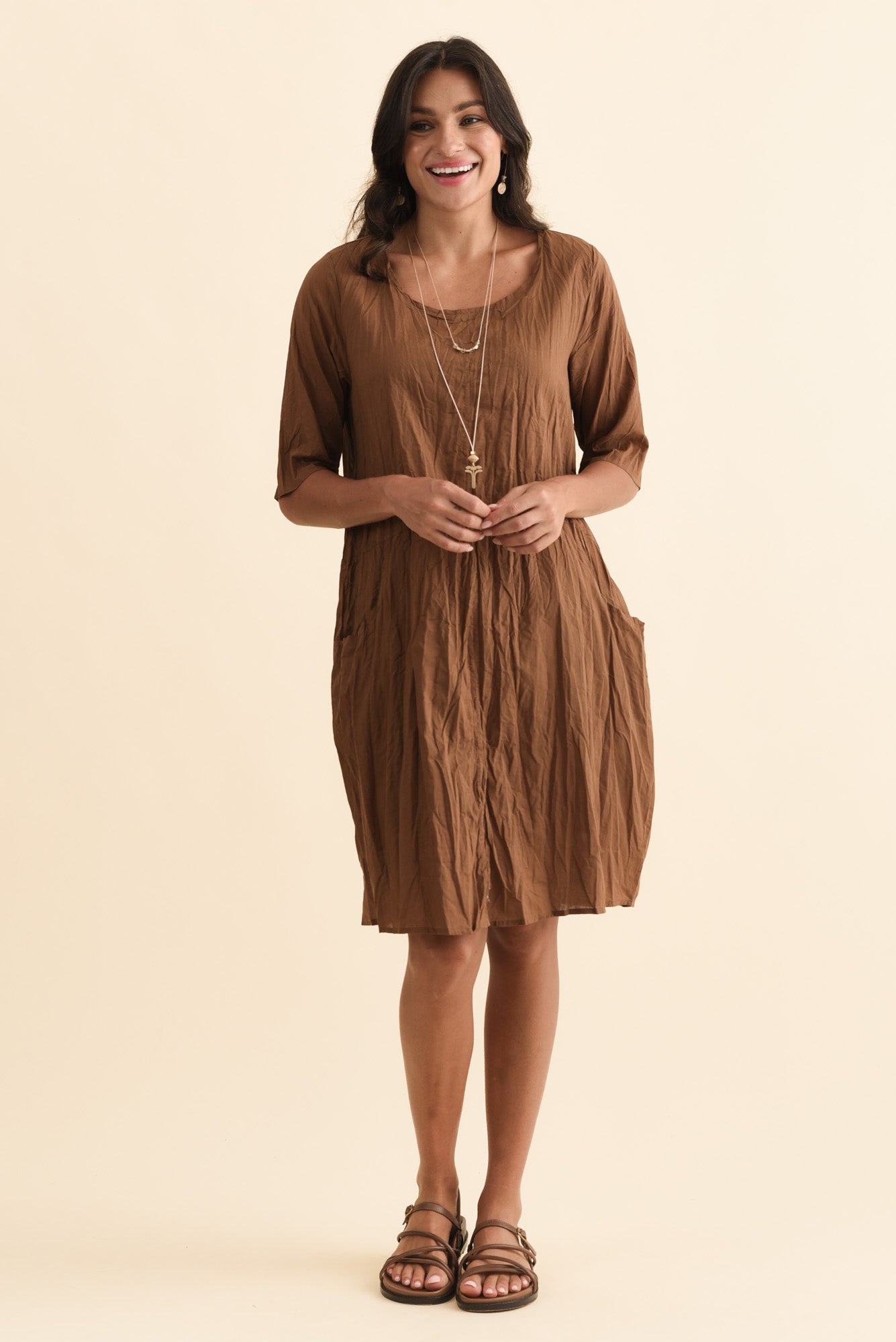 Andora Chocolate Crinkle Cotton Dress Full Length View