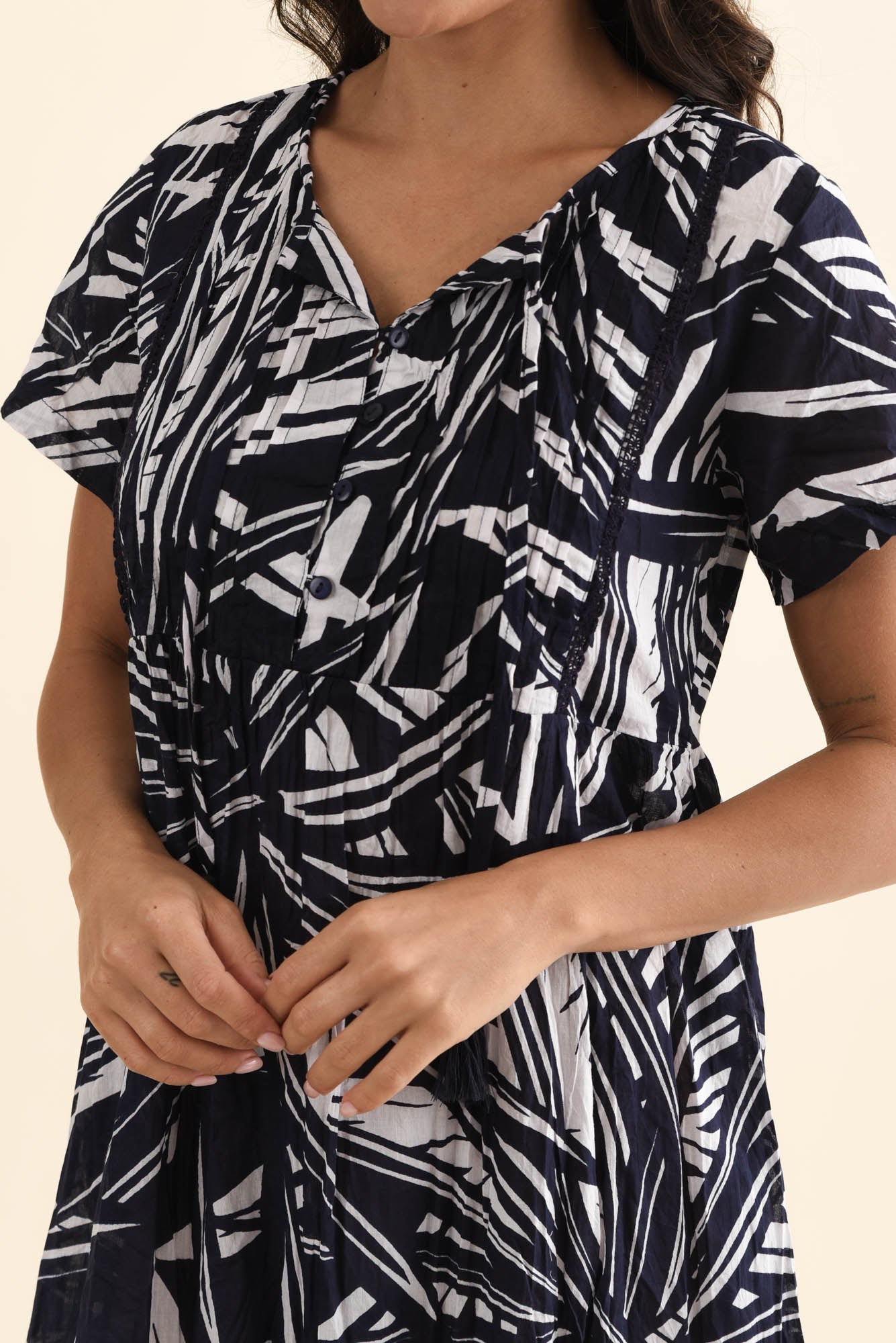 Marisol Navy Foliage Crinkle Cotton Dress