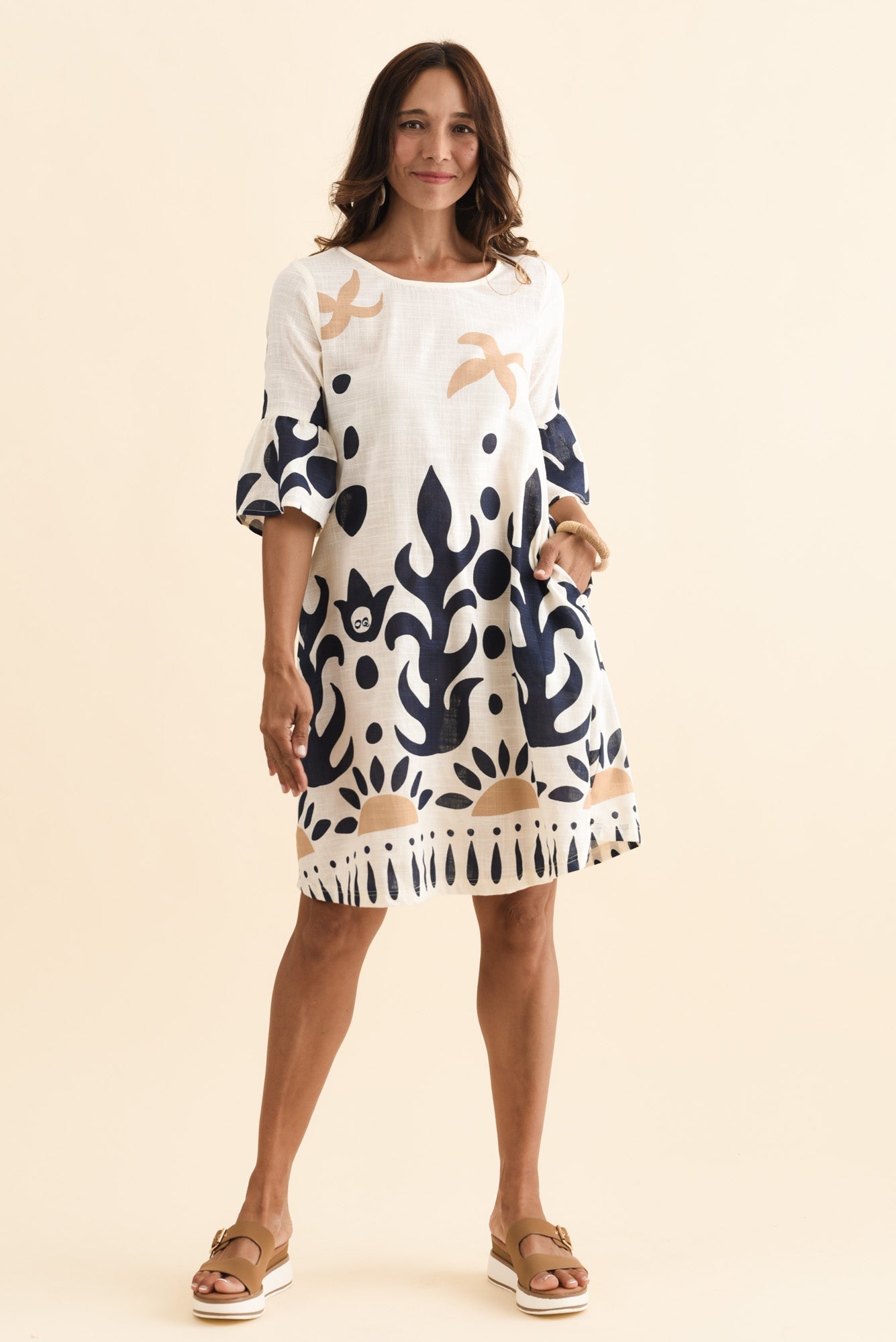 Bromley Cream Abstract Cotton Dress