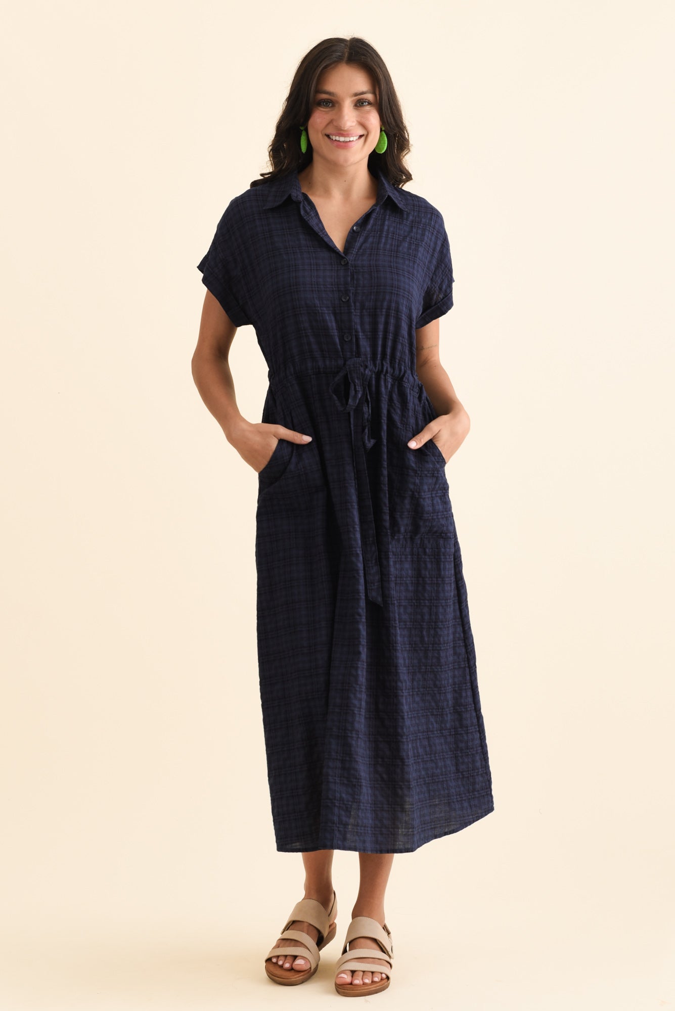 Brydie Navy Check Cotton Blend Dress