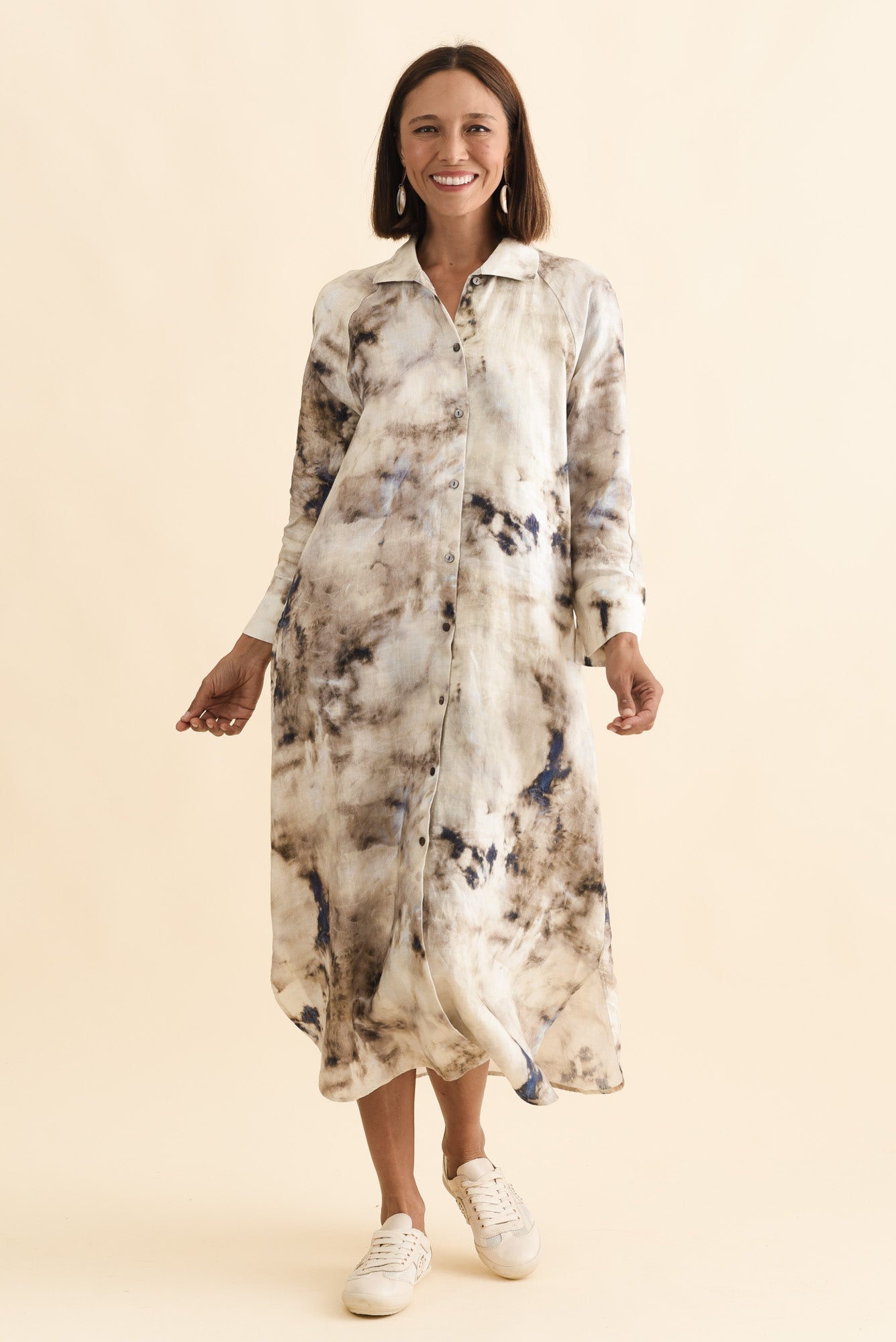 Brylee Taupe Abstract Linen Shirt Dress