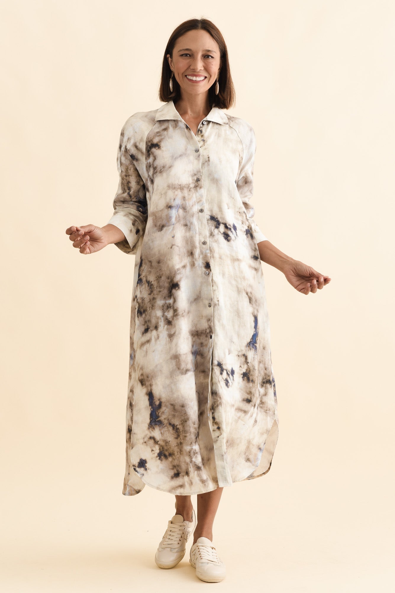 Brylee Taupe Abstract Linen Shirt Dress