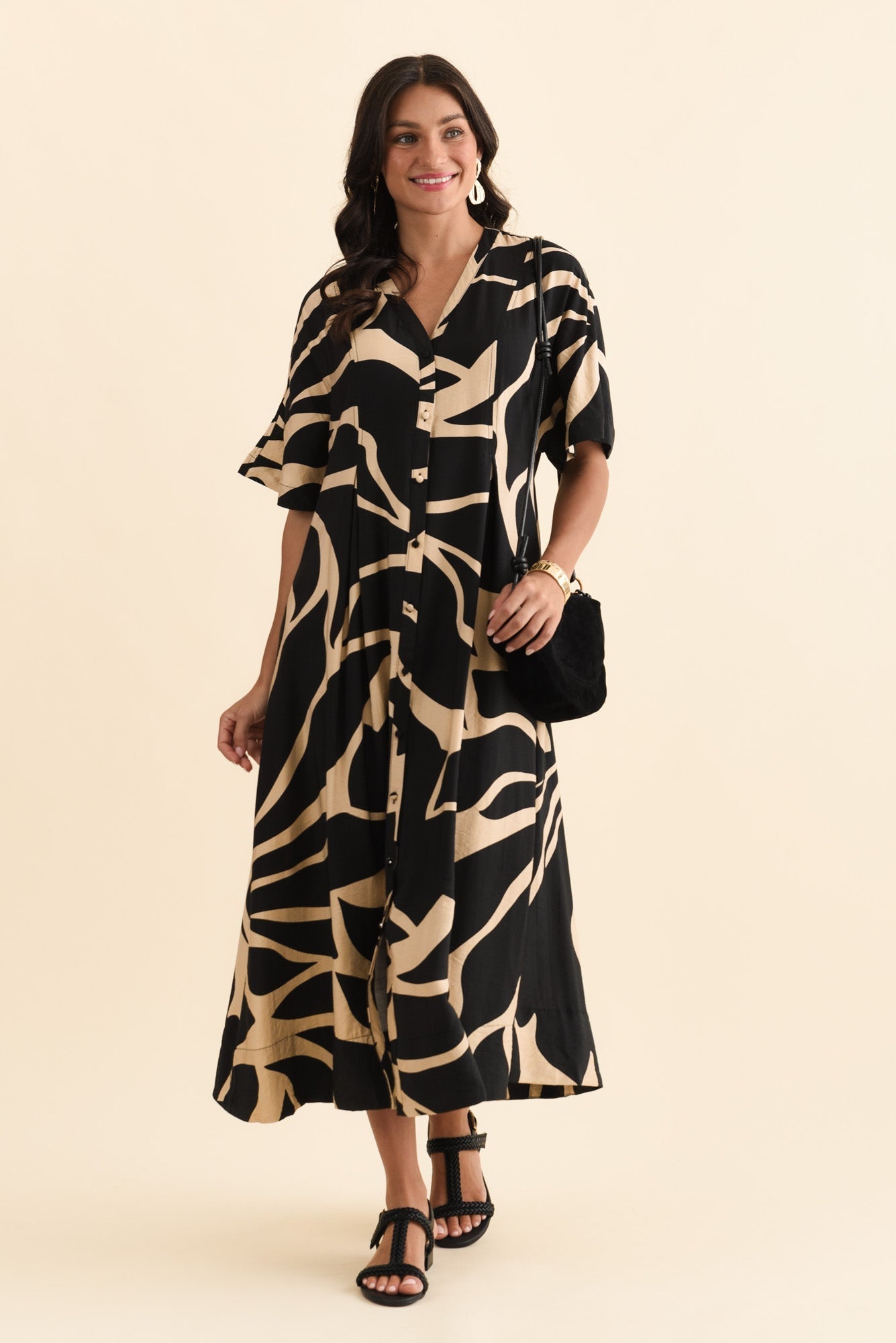 Camille Black Abstract Button Dress