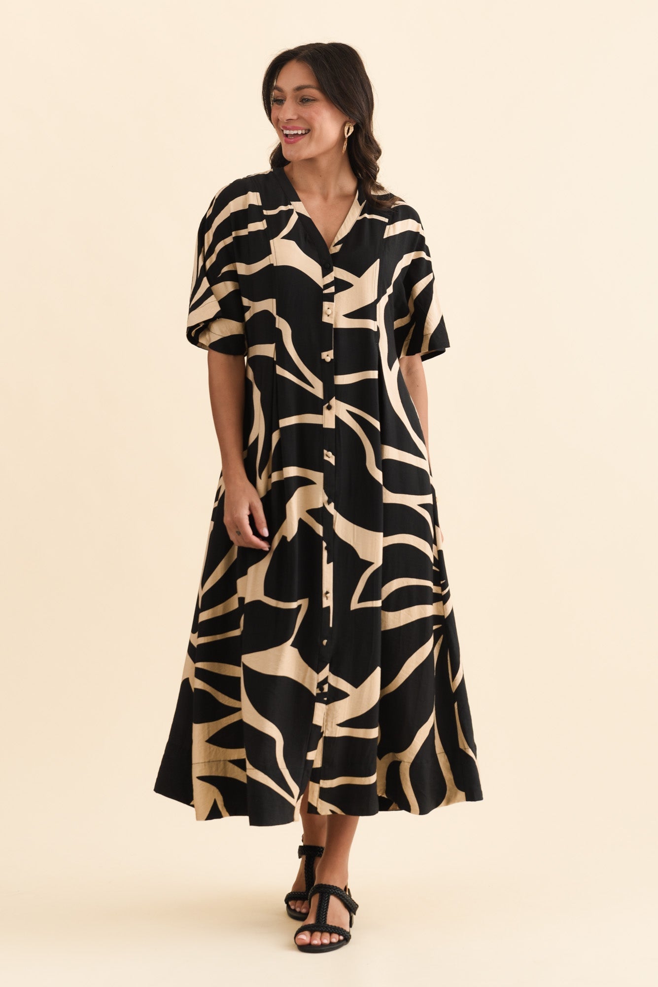 Camille Black Abstract Button Dress
