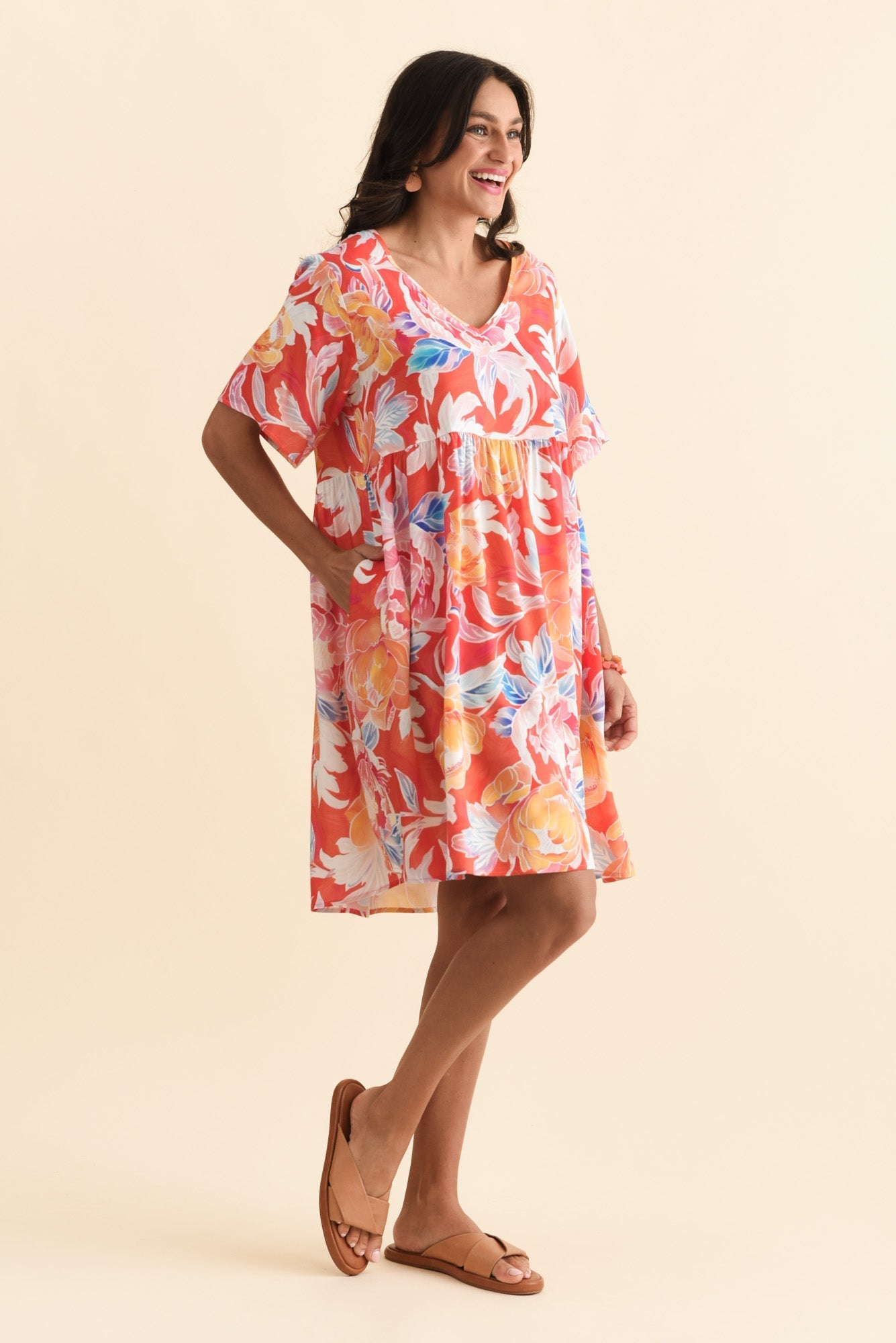 Carlita Coral Flower Pocket Dress