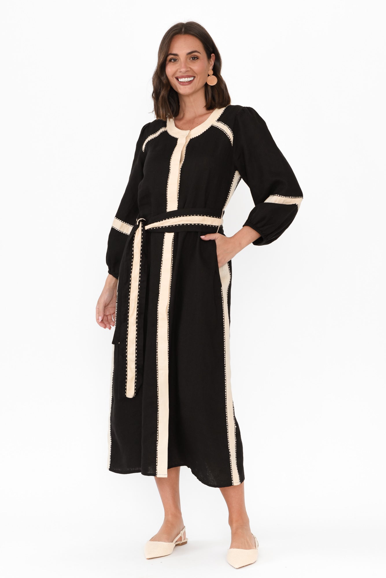 Carolina Black Contrast Linen Tie Dress