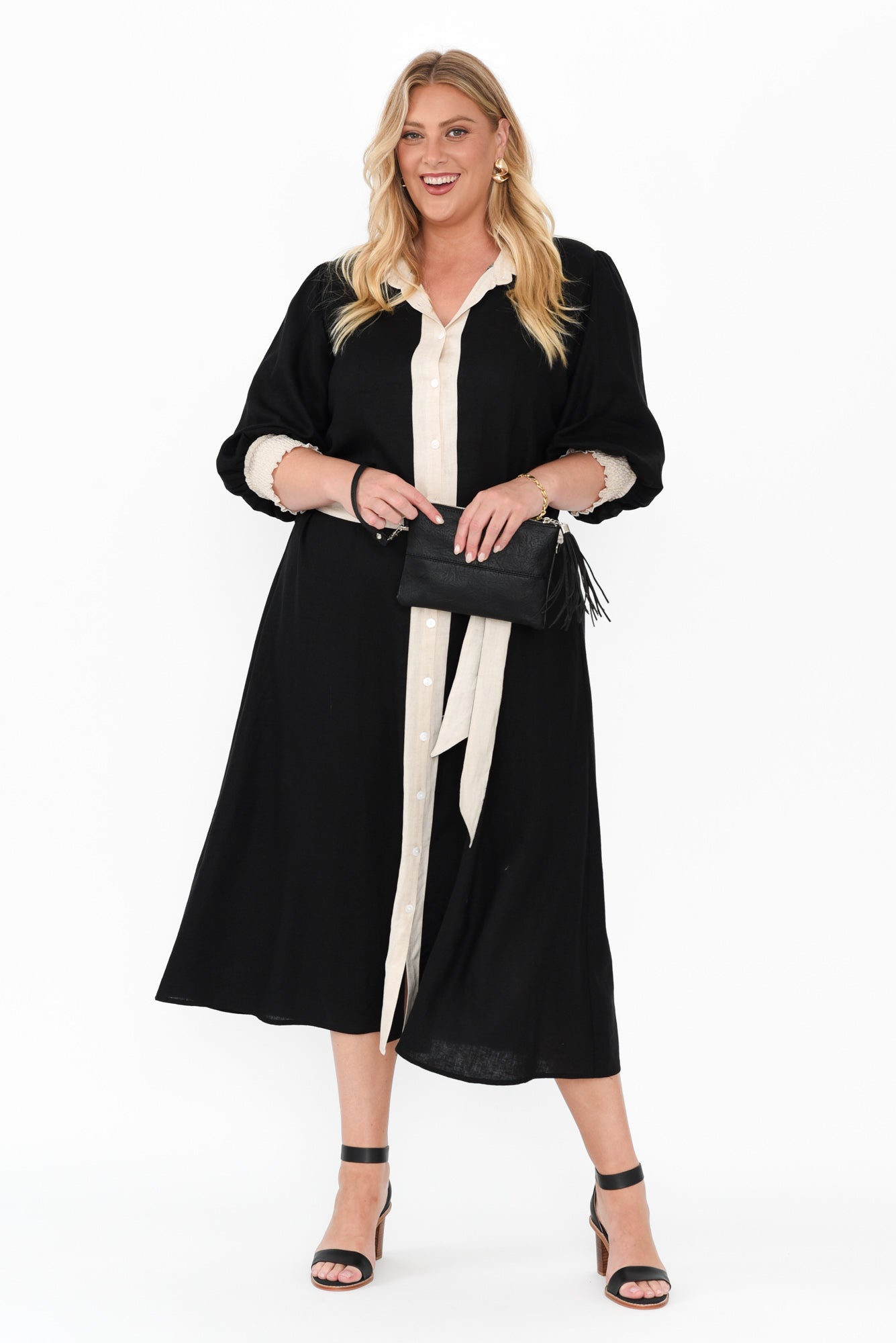Catalina Black Trim Linen Blend Tie Dress