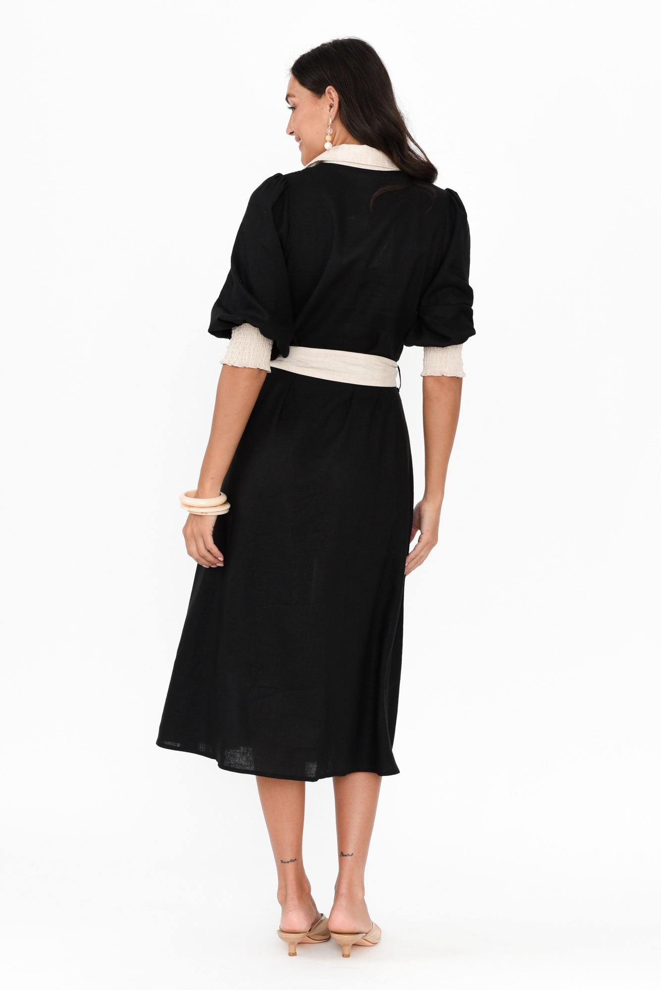 Catalina Black Trim Linen Blend Tie Dress