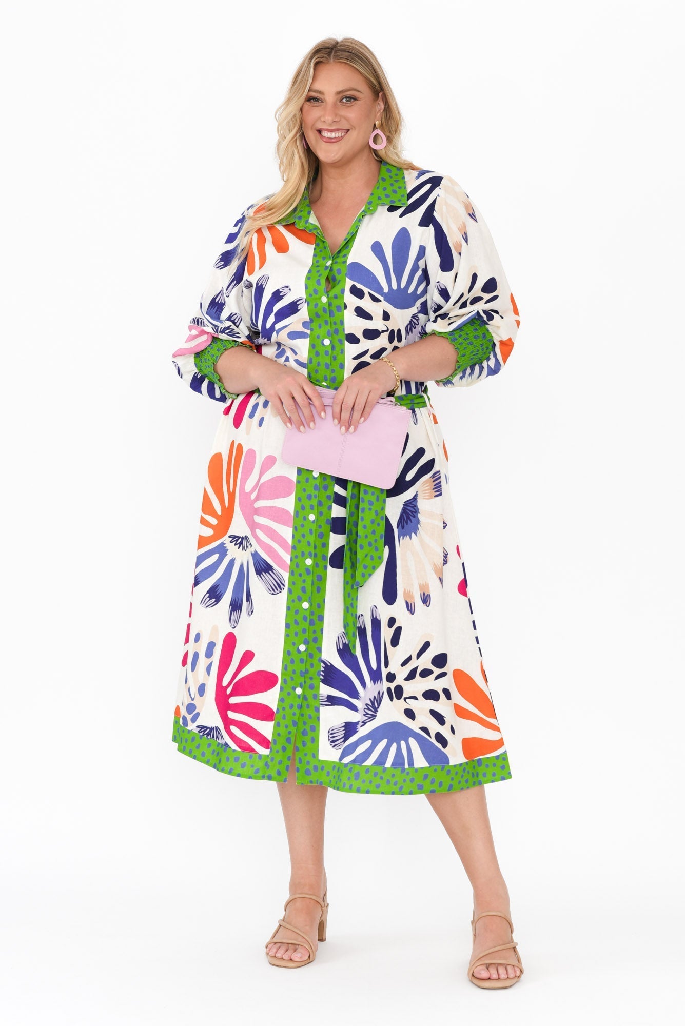 Catalina Cream Abstract Linen Blend Tie Dress