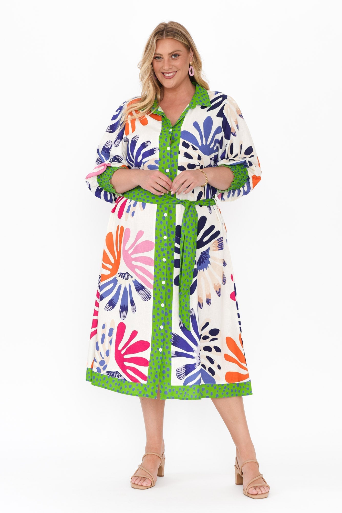 Catalina Cream Abstract Linen Blend Tie Dress