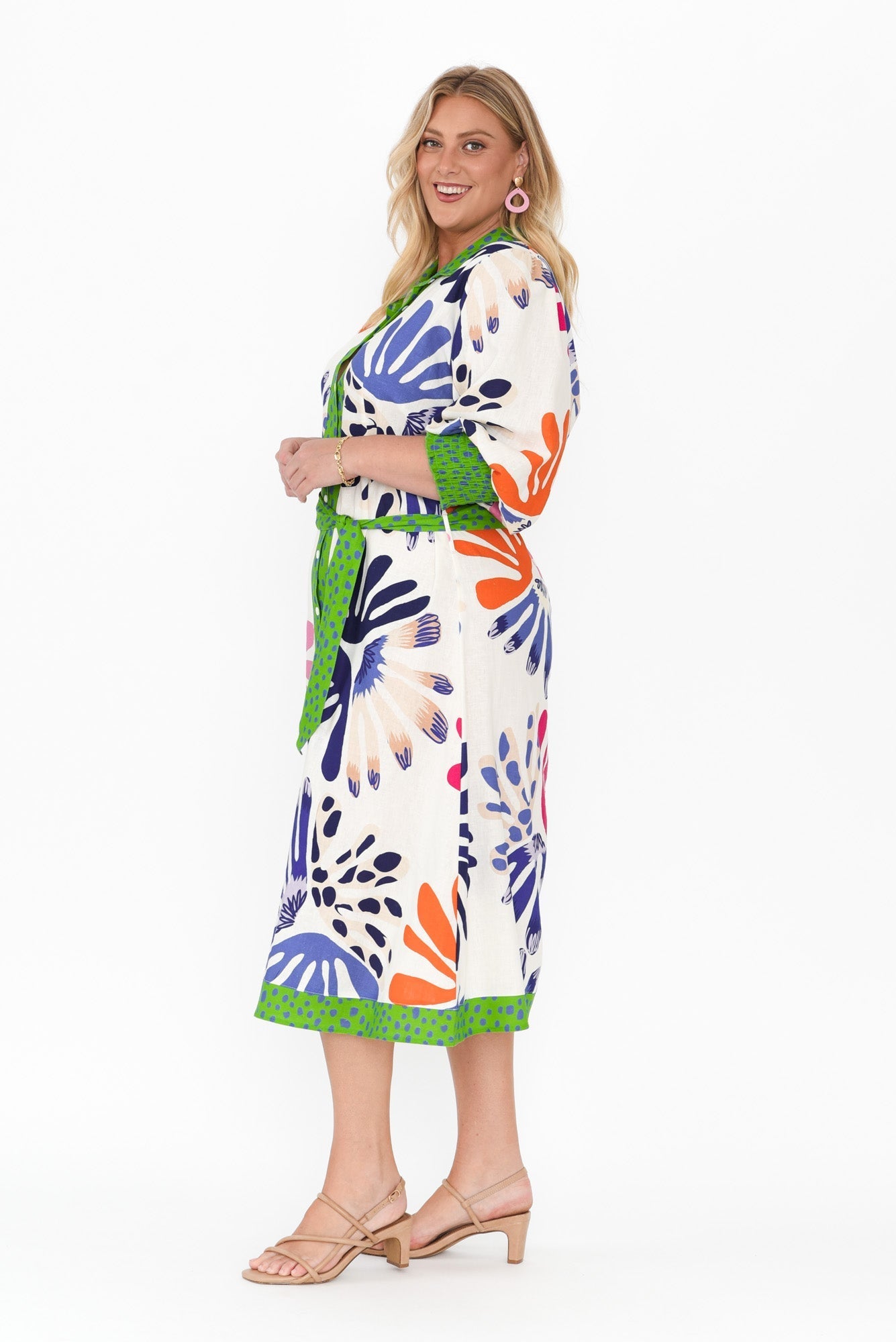 Catalina Cream Abstract Linen Blend Tie Dress