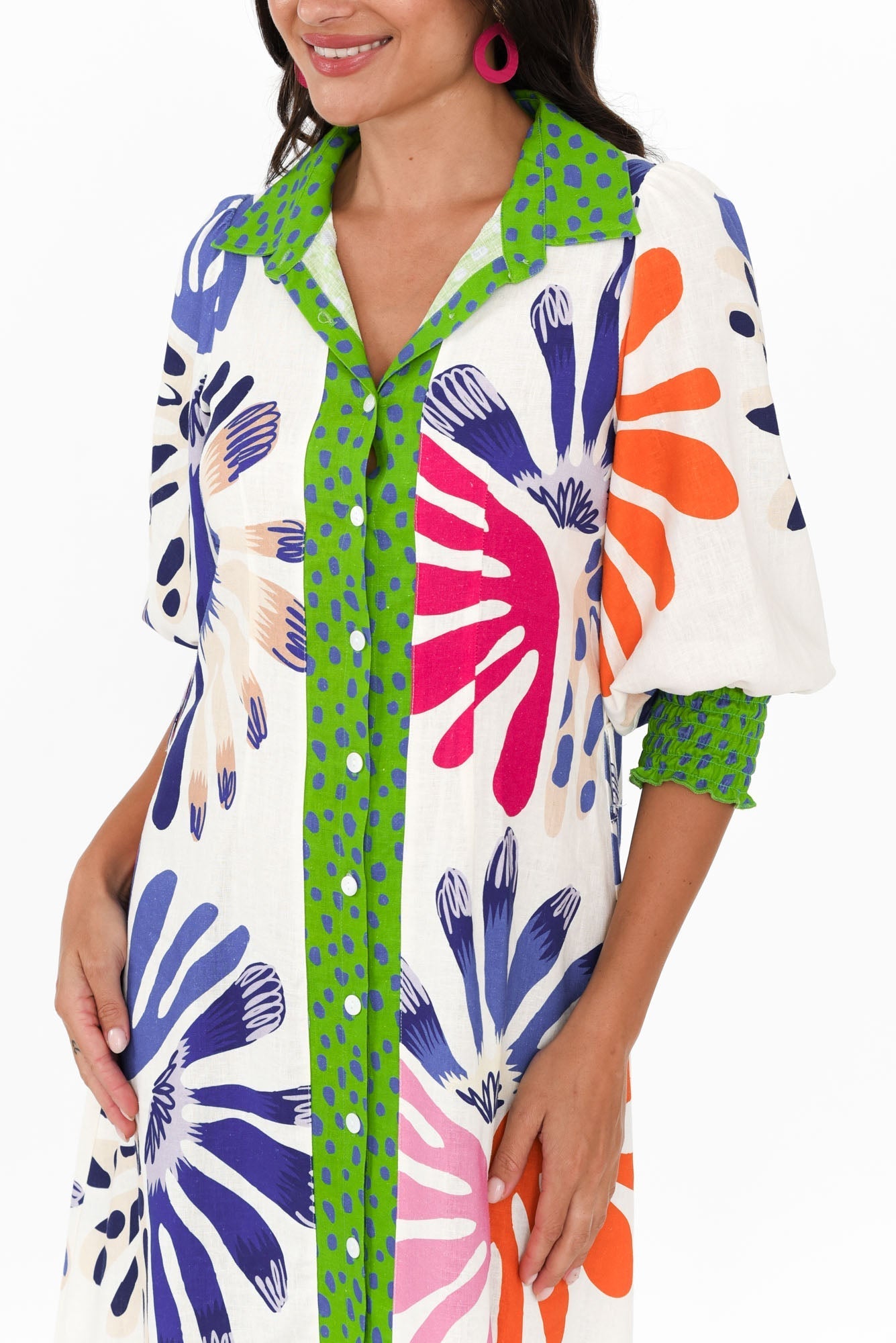 Catalina Cream Abstract Linen Blend Tie Dress