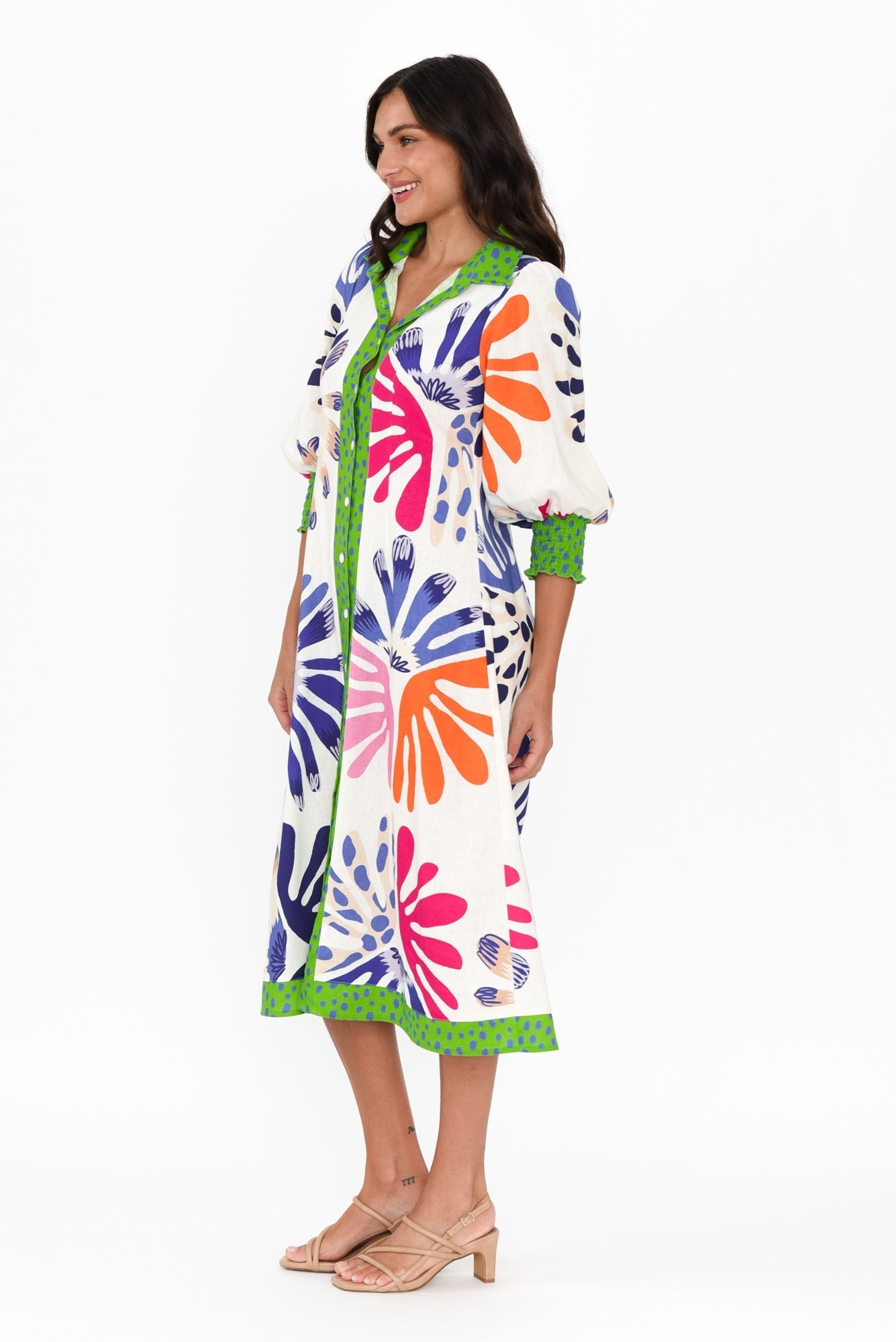 Catalina Cream Abstract Linen Blend Tie Dress