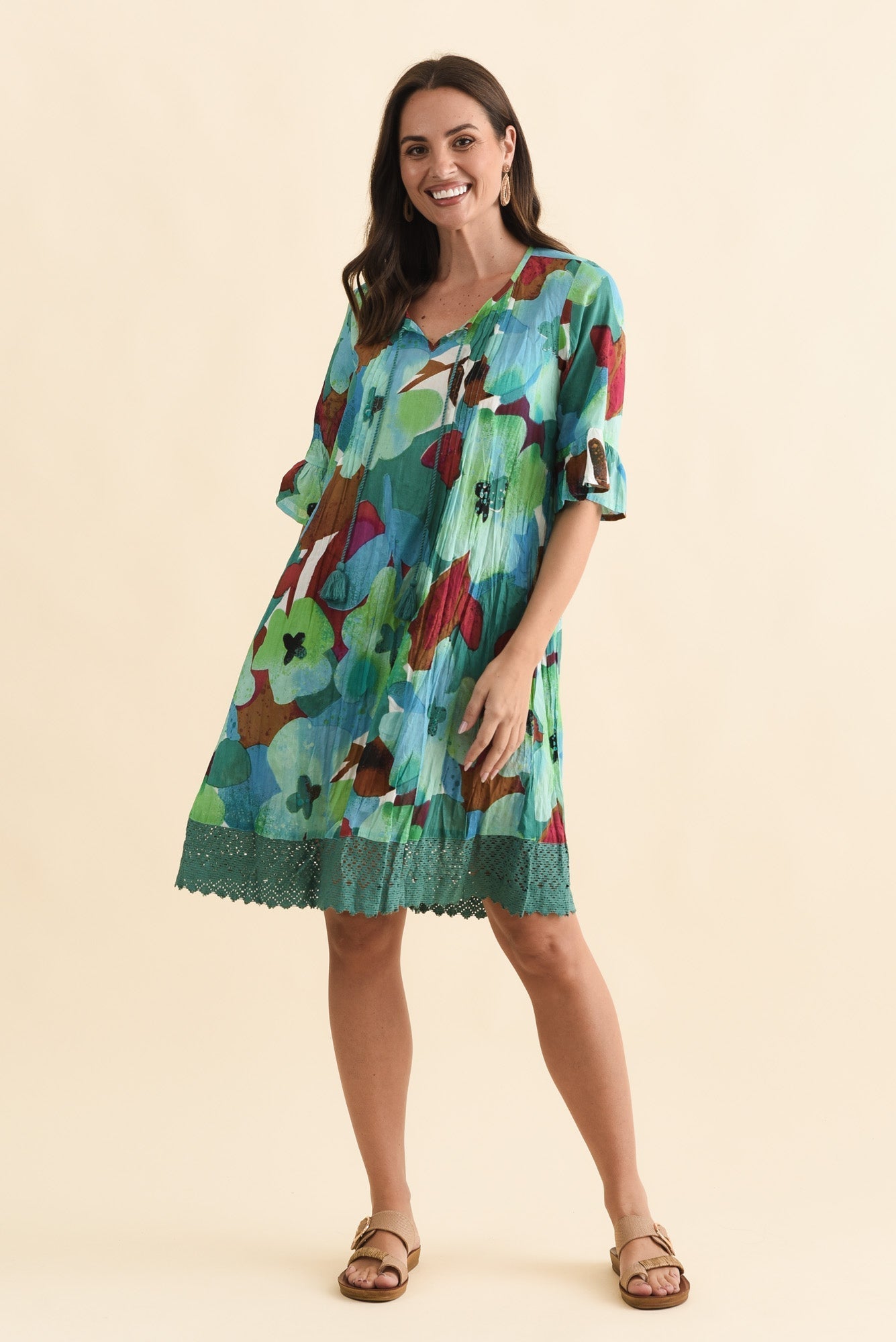 Cayman Teal Flower Cotton Tunic Dress