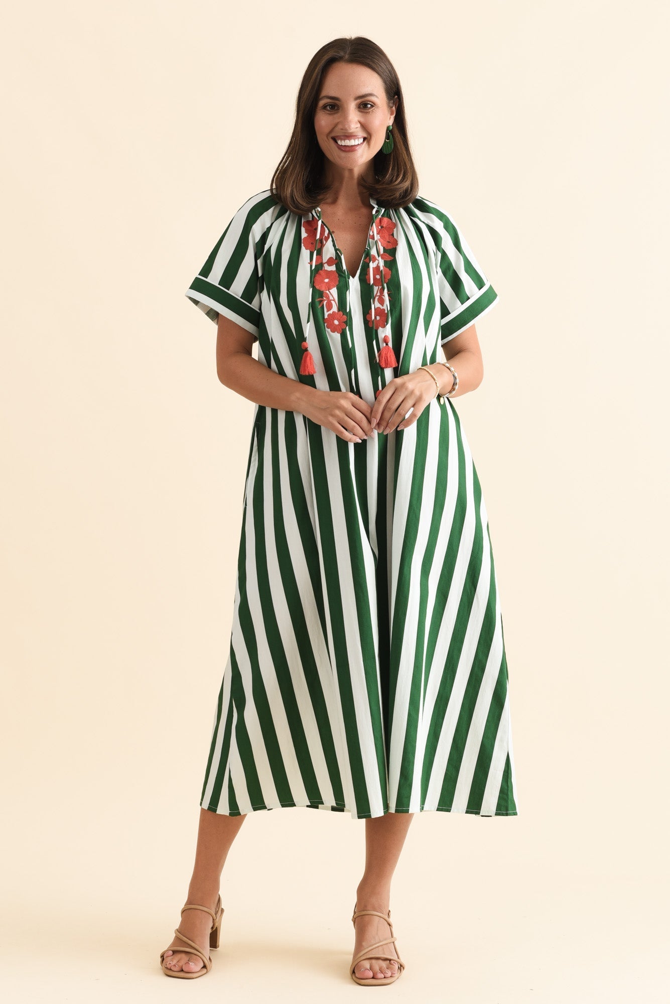 Claras Green Stripe Cotton Tie Dress