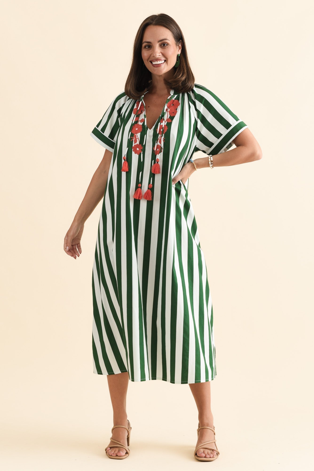 Claras Green Stripe Cotton Tie Dress