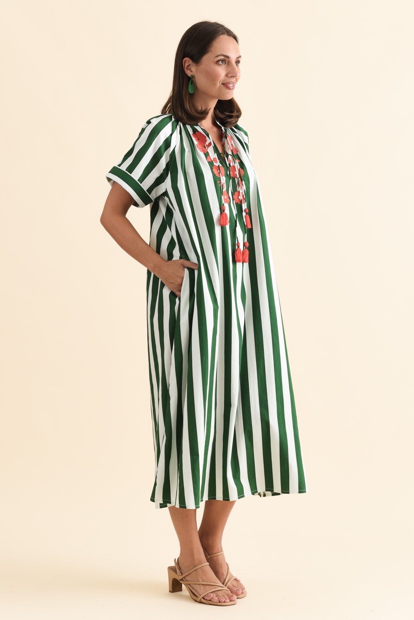 Claras Green Stripe Cotton Tie Dress