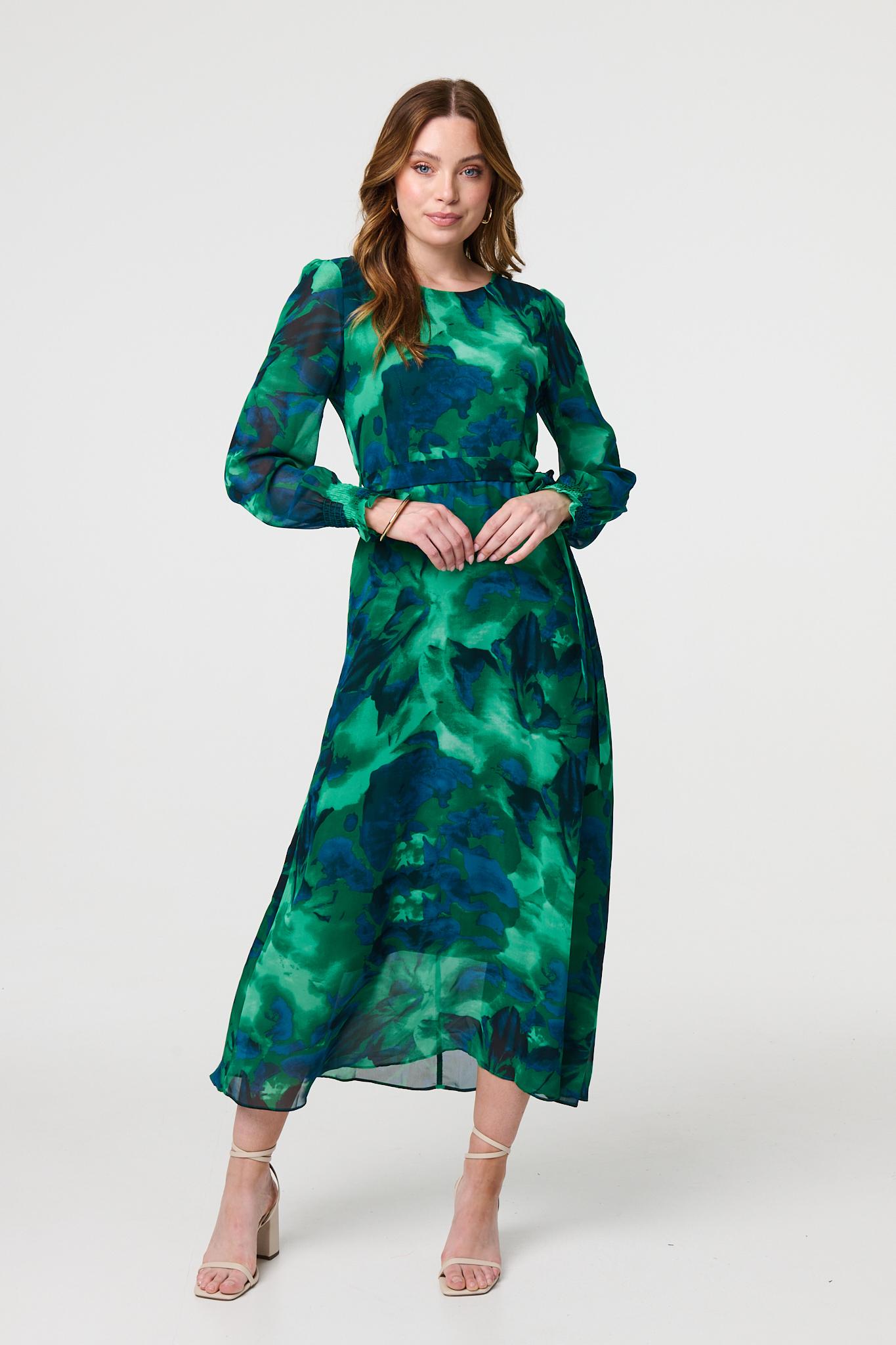 Printed Long Sleeve Chiffon Midi Dress Full Length View