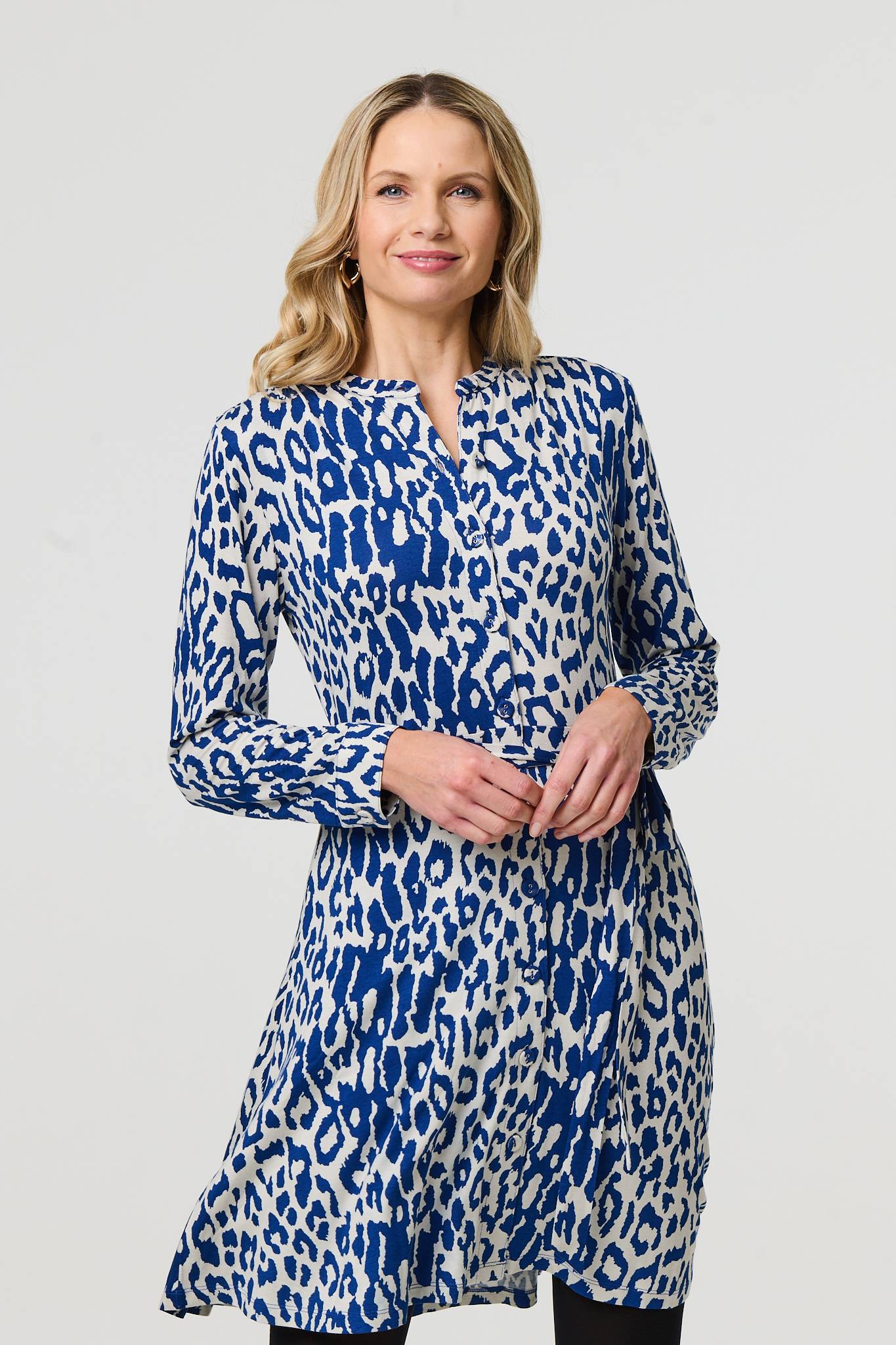 Animal Print Long Sleeve Short Shirt Dress Detail View