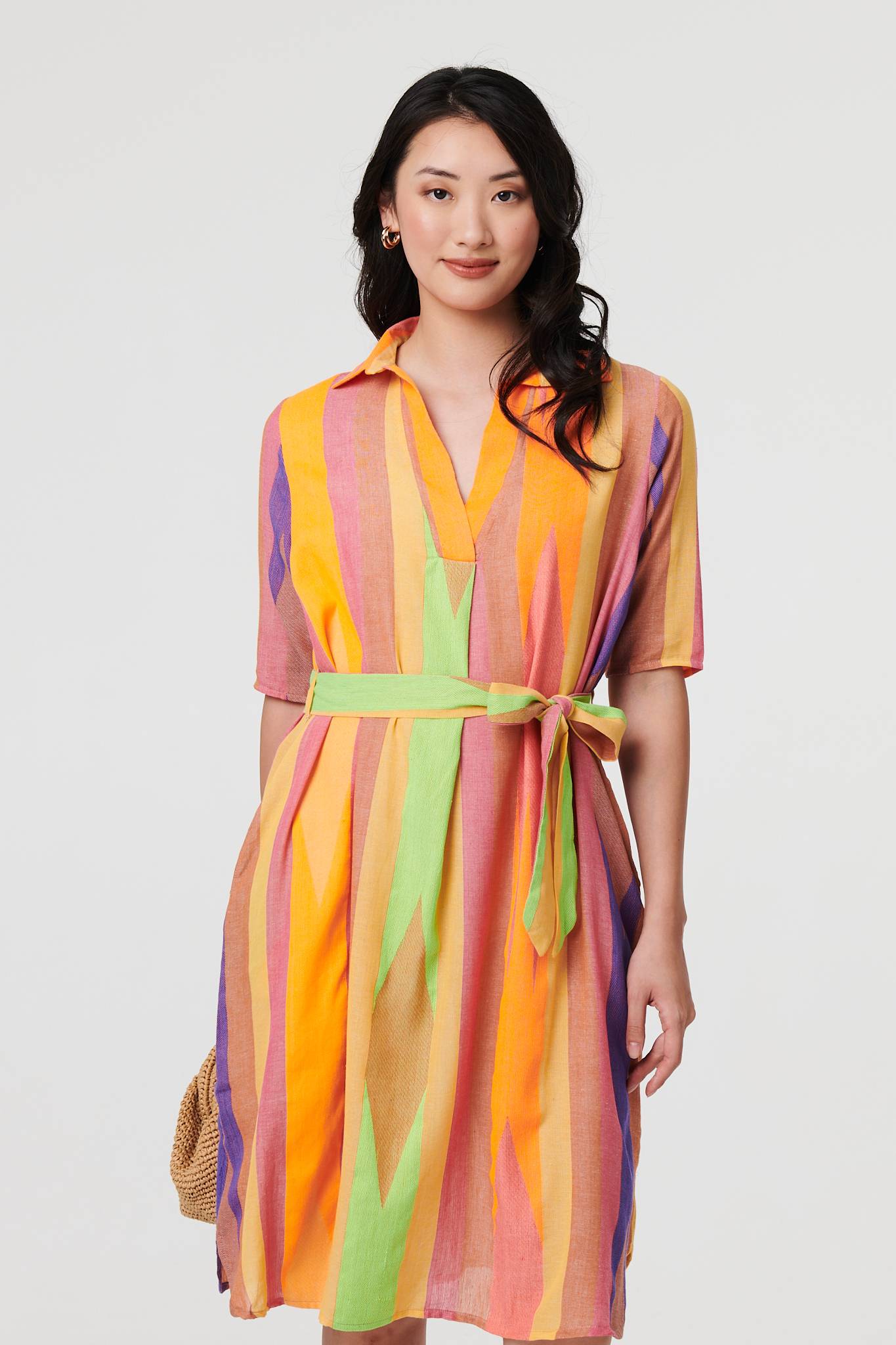 Striped Knee Length Tie Waist Dress Full Length View