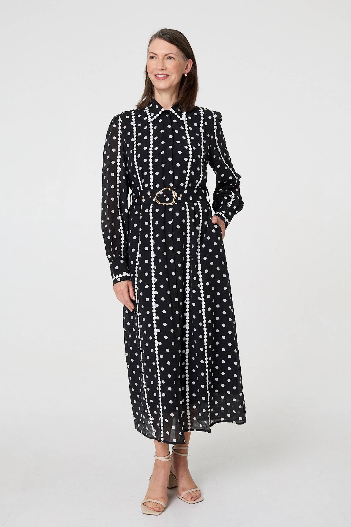 Polka Dot Belted Maxi Shirt Dress Detail View