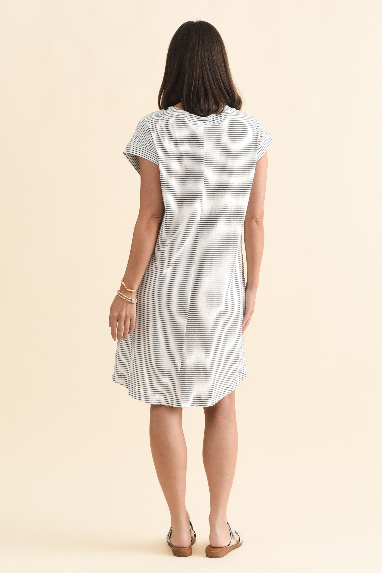 Daphne Black Stripe Cotton V Neck Dress