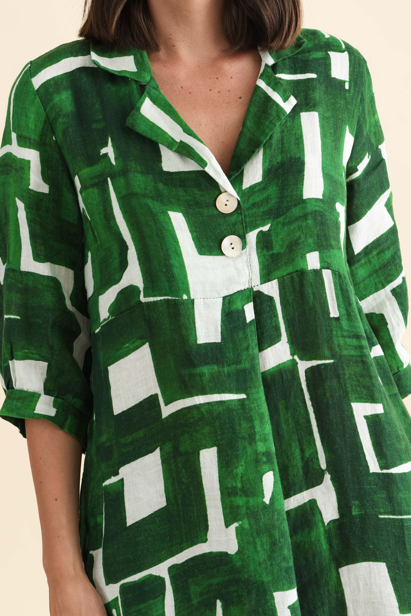 Daria Green Geo Linen Collared Dress