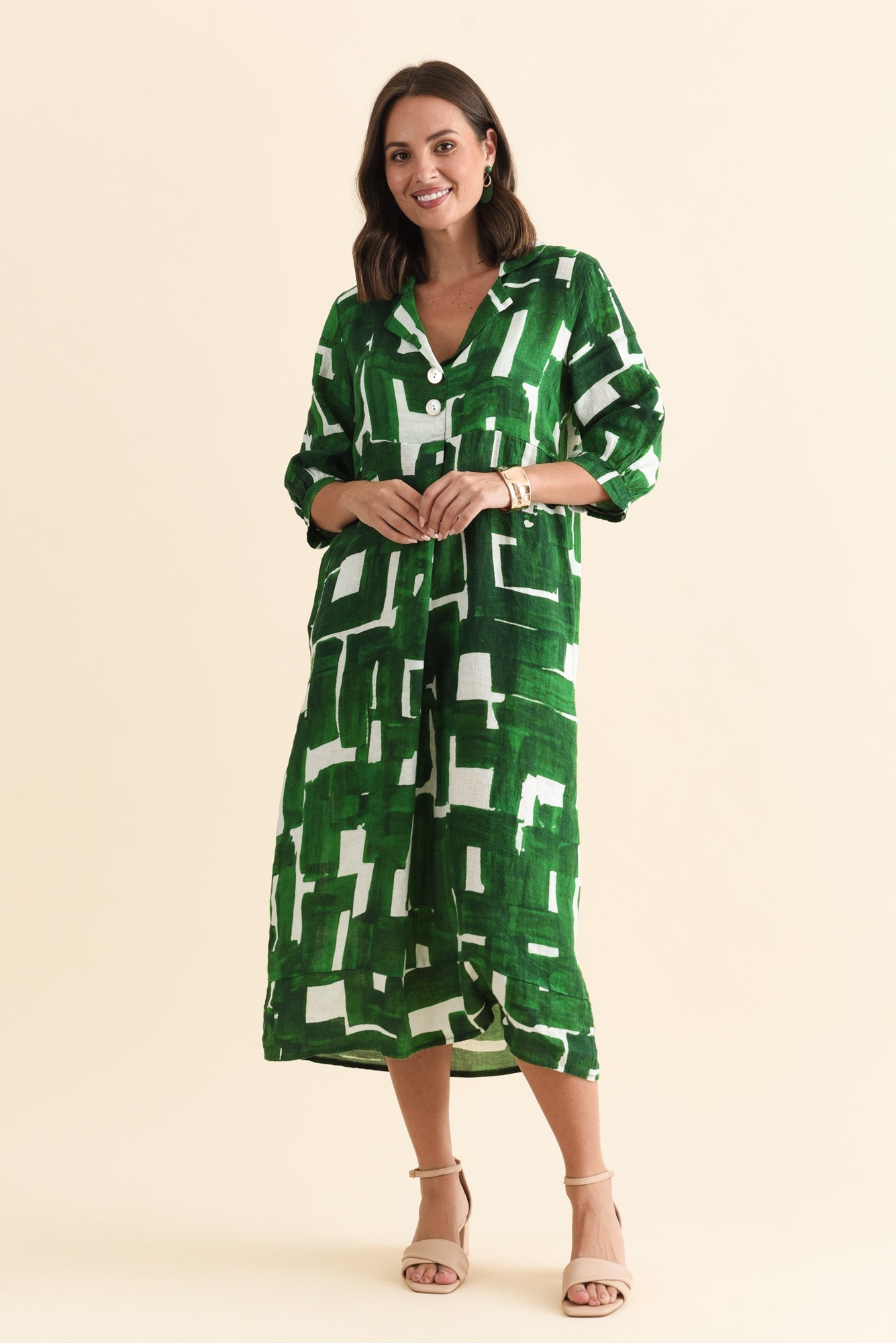 Daria Green Geo Linen Collared Dress