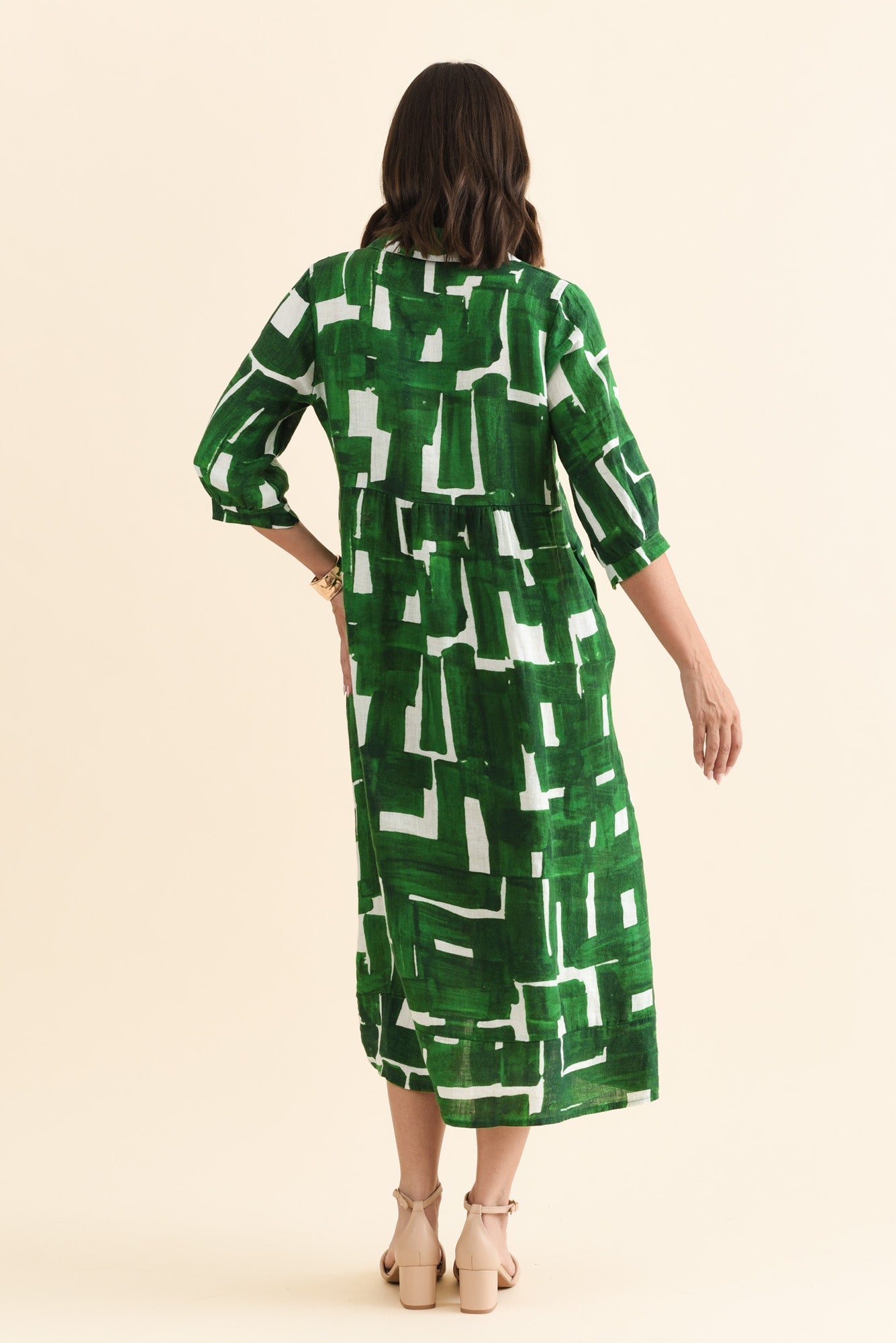 Daria Green Geo Linen Collared Dress