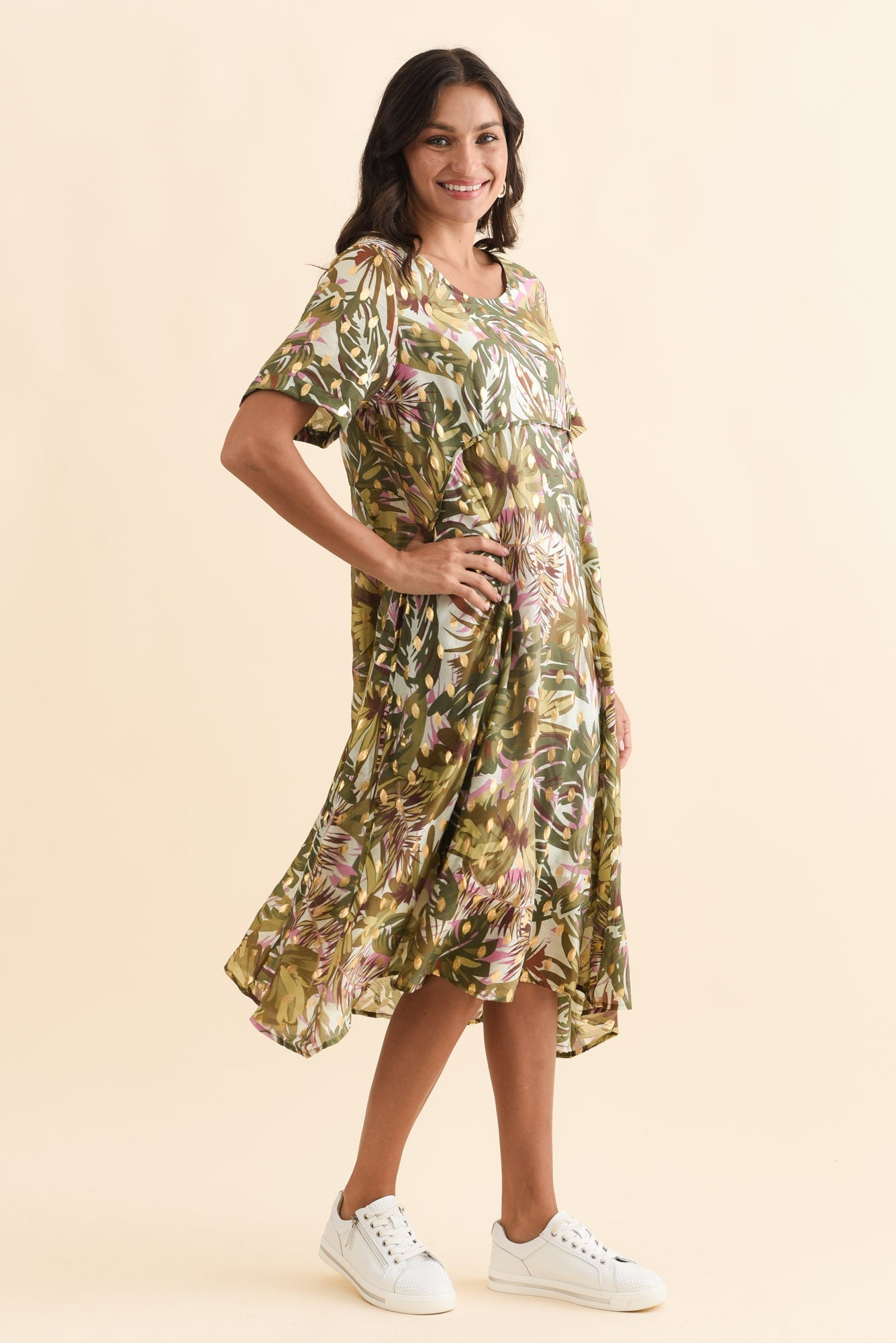 Darling Khaki Tropical Foil Crescent Dress