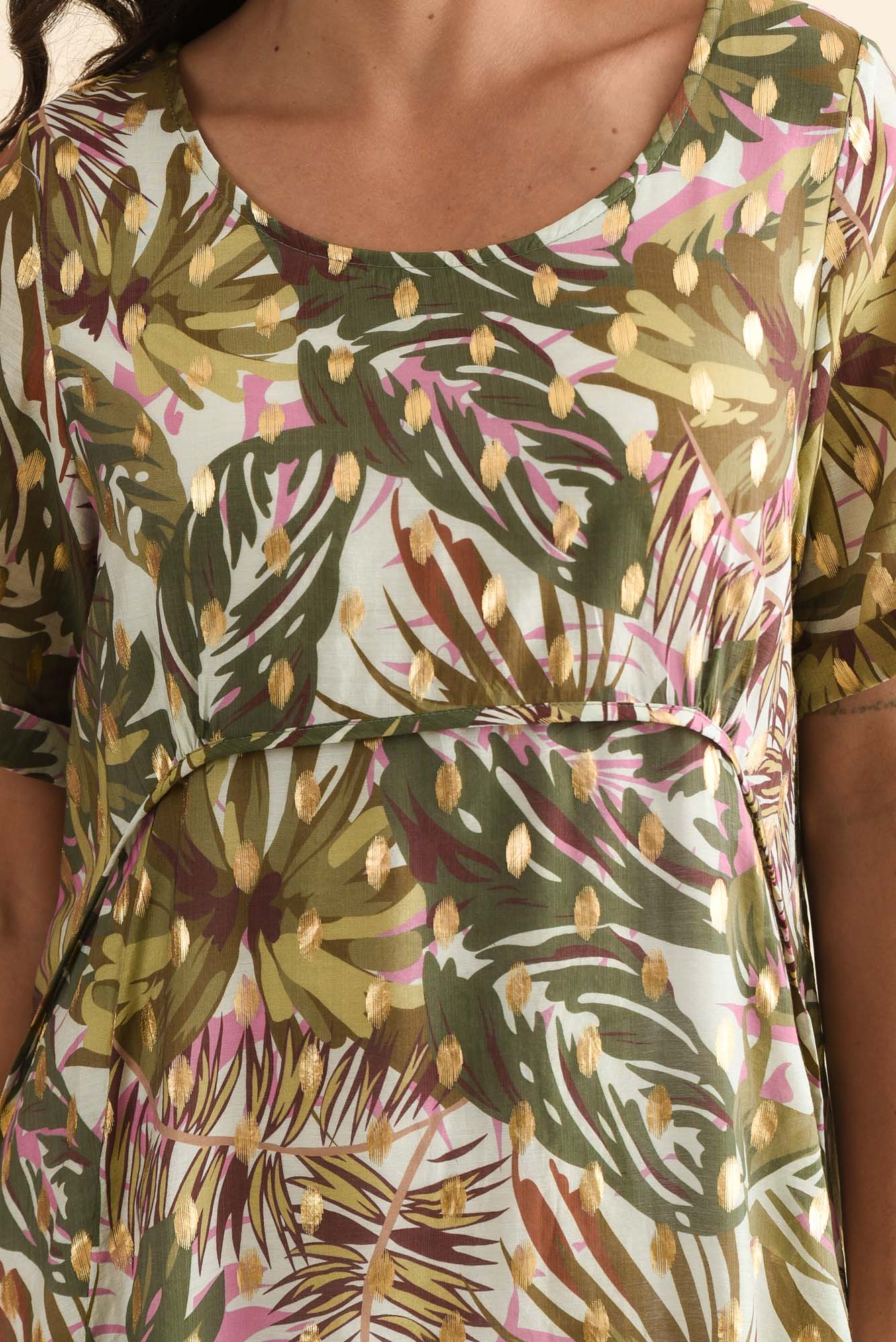 Darling Khaki Tropical Foil Crescent Dress