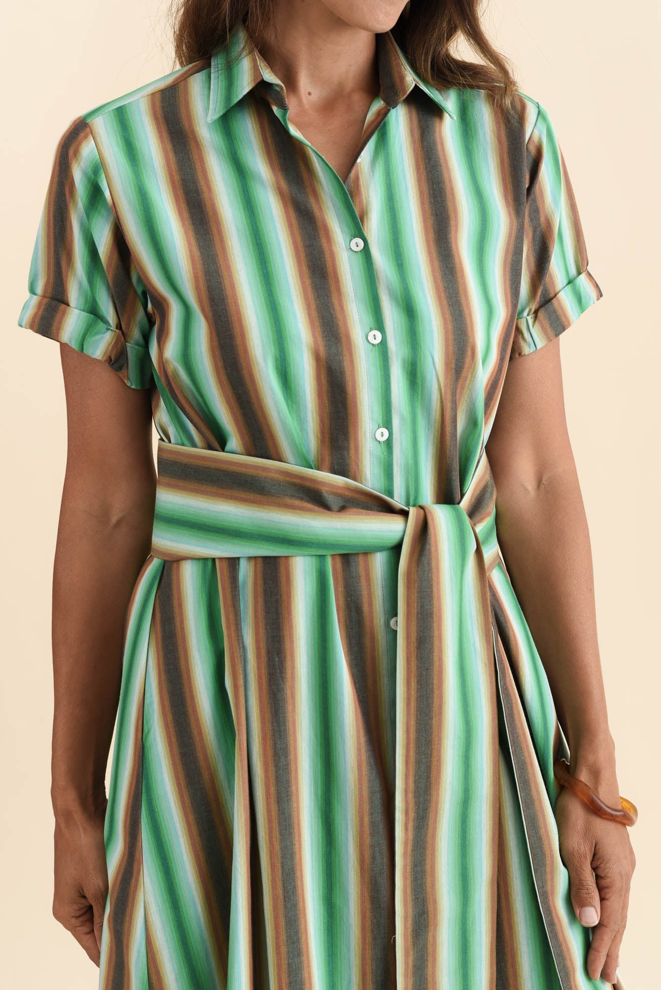 Deirdre Green Stripe Cotton Tie Dress
