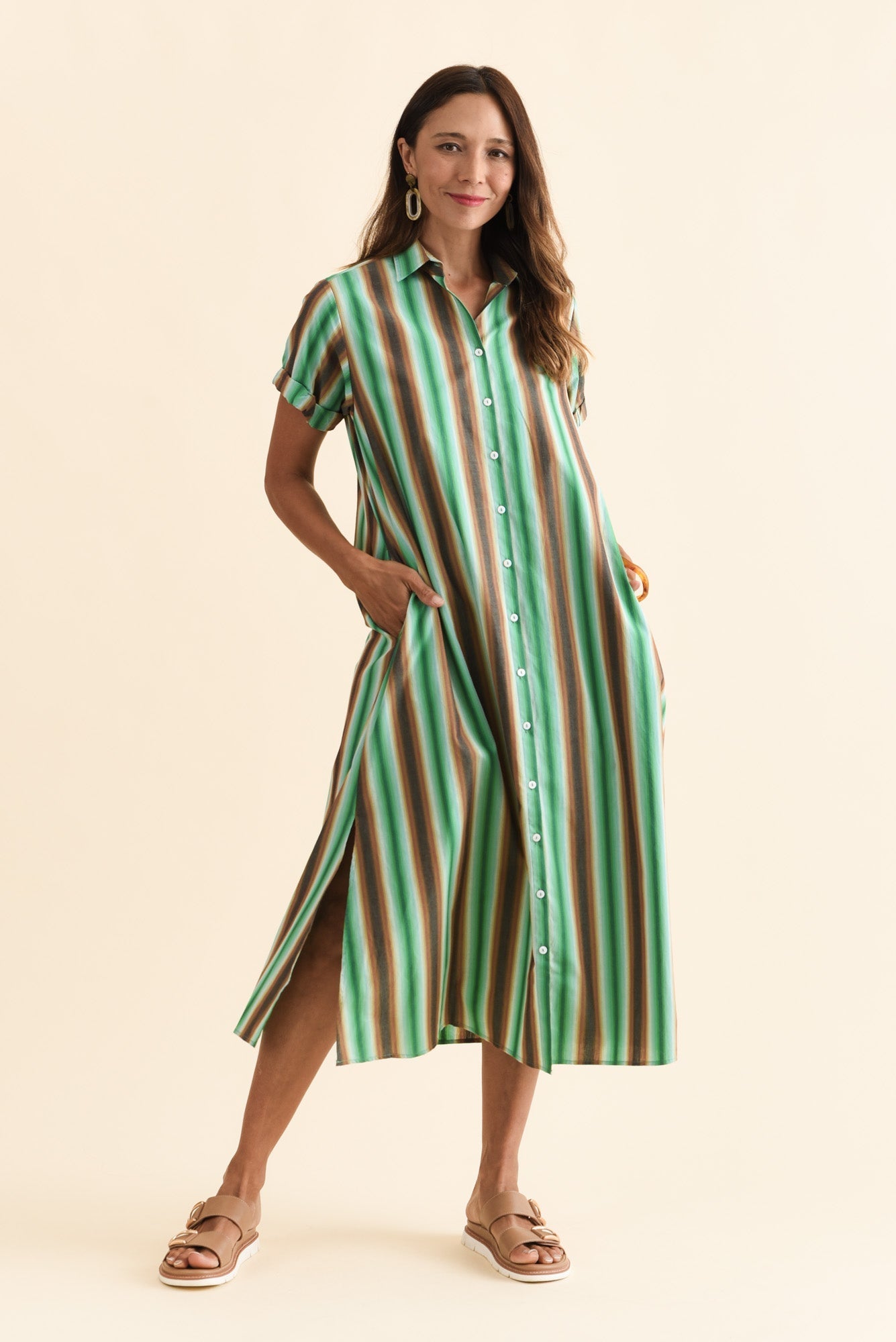 Deirdre Green Stripe Cotton Tie Dress