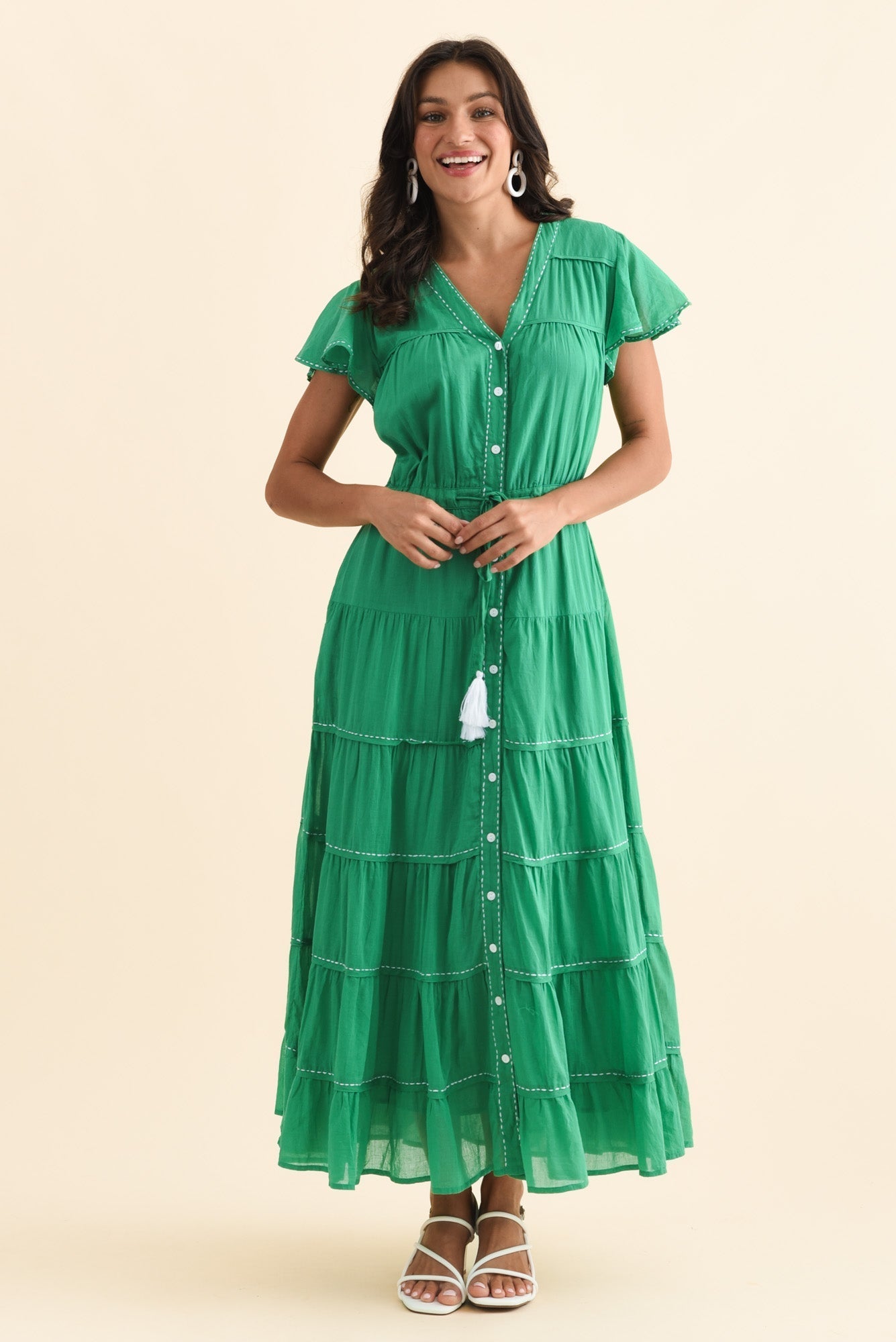 Delilah Green Cotton Tier Dress