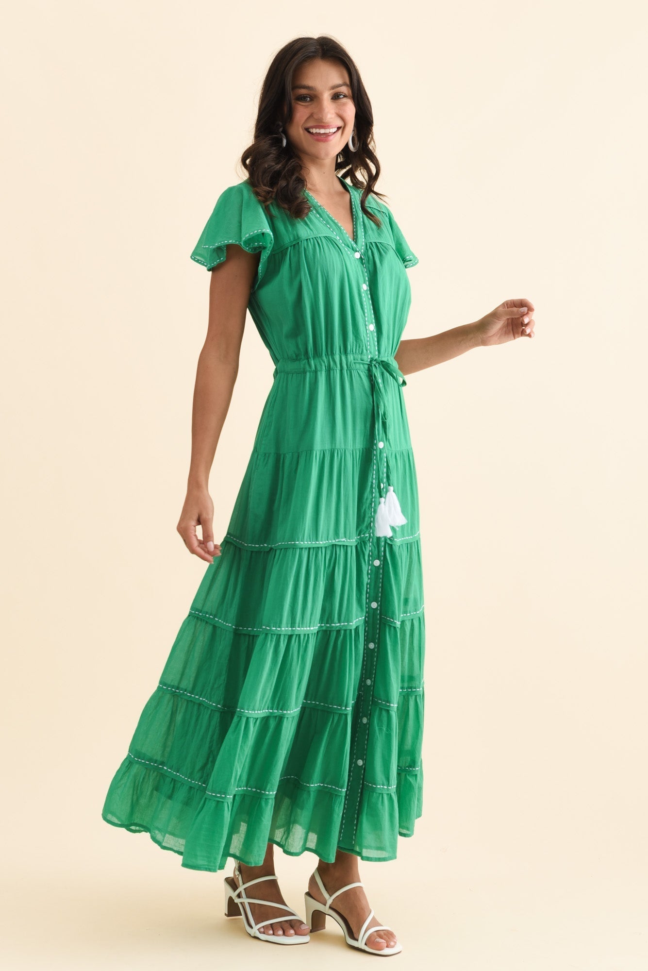 Delilah Green Cotton Tier Dress