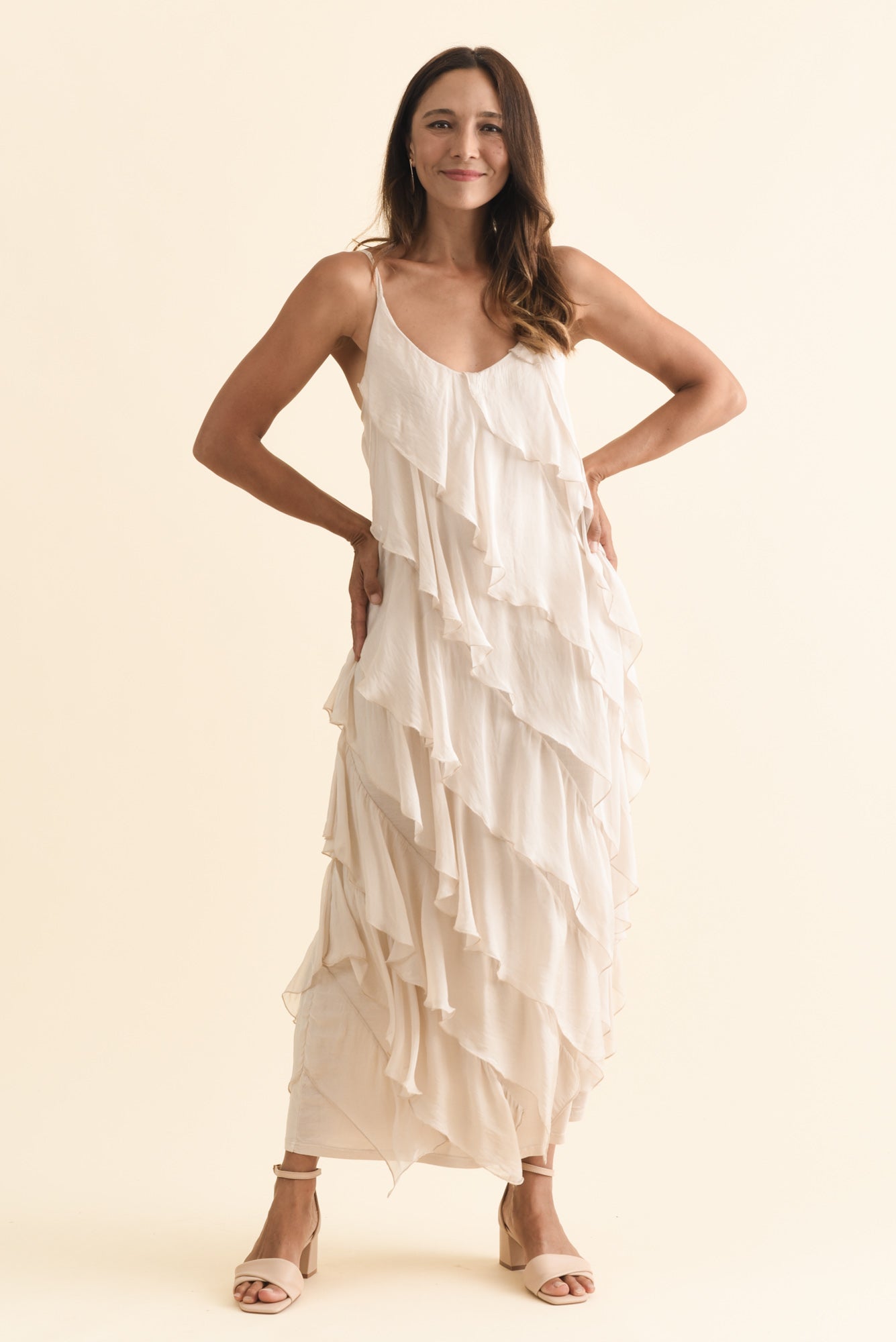 Dominica Champagne Silk Ruffle Dress