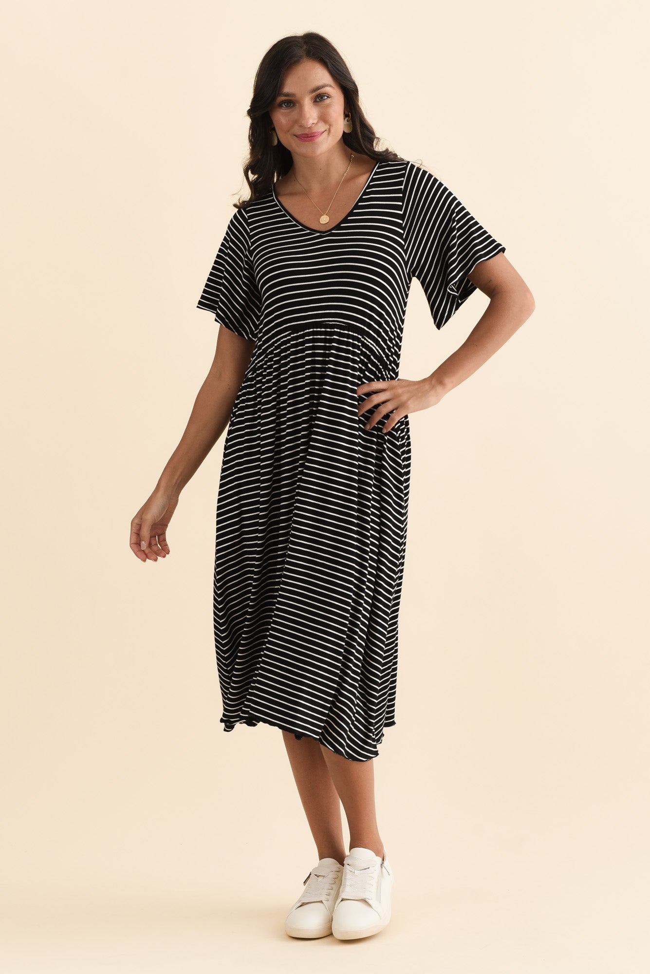 Donna Black Stripe Gathered Dress