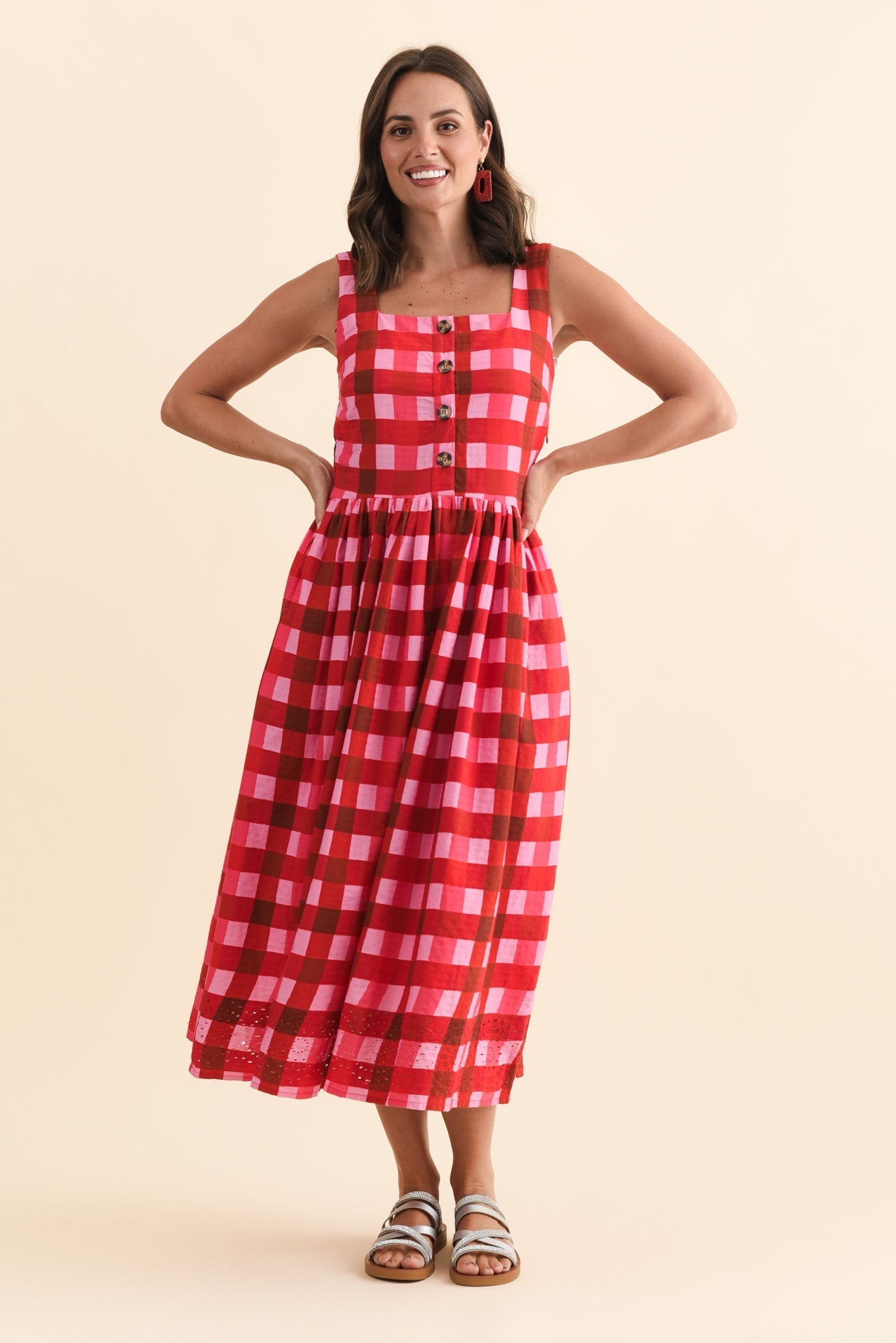 Edin Red Check Cotton Midi Dress