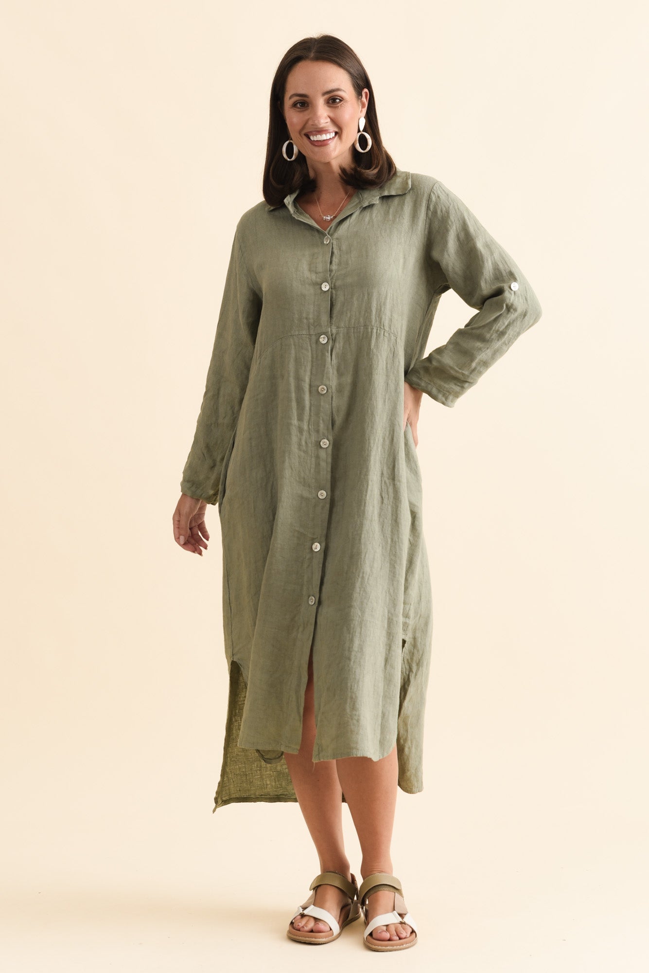 Elin Khaki Linen Shirt Dress