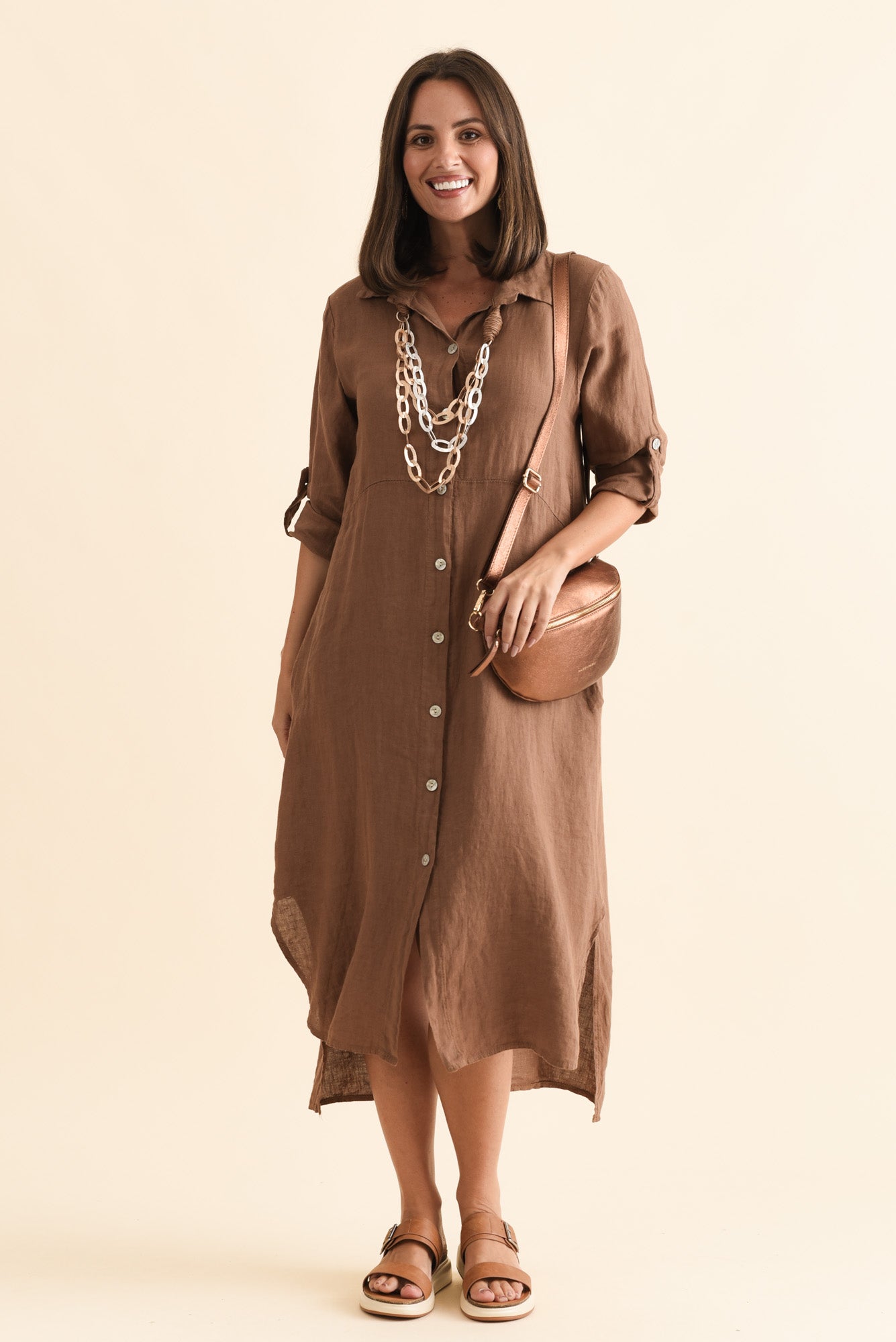Elin Mocha Linen Shirt Dress
