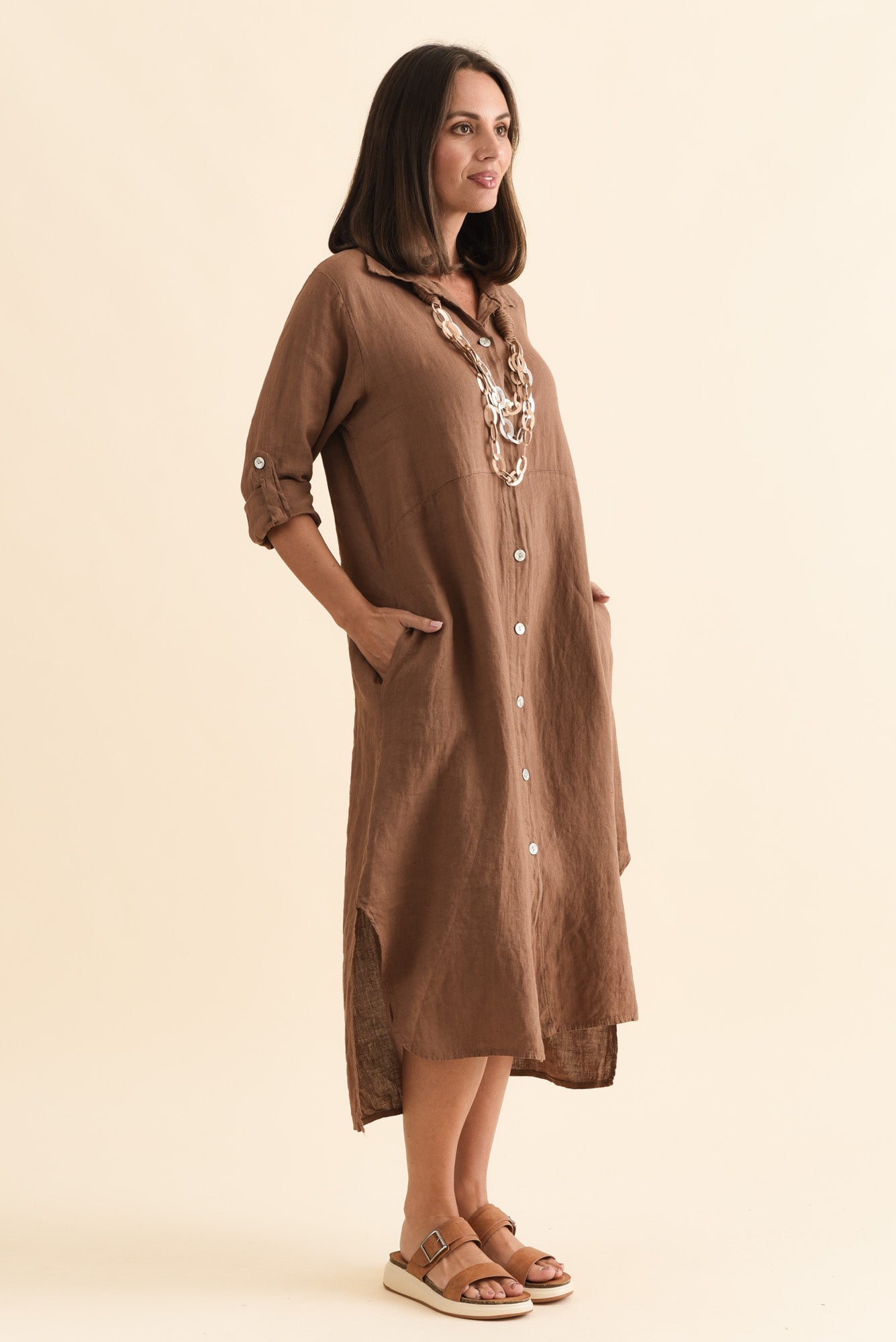 Elin Mocha Linen Shirt Dress