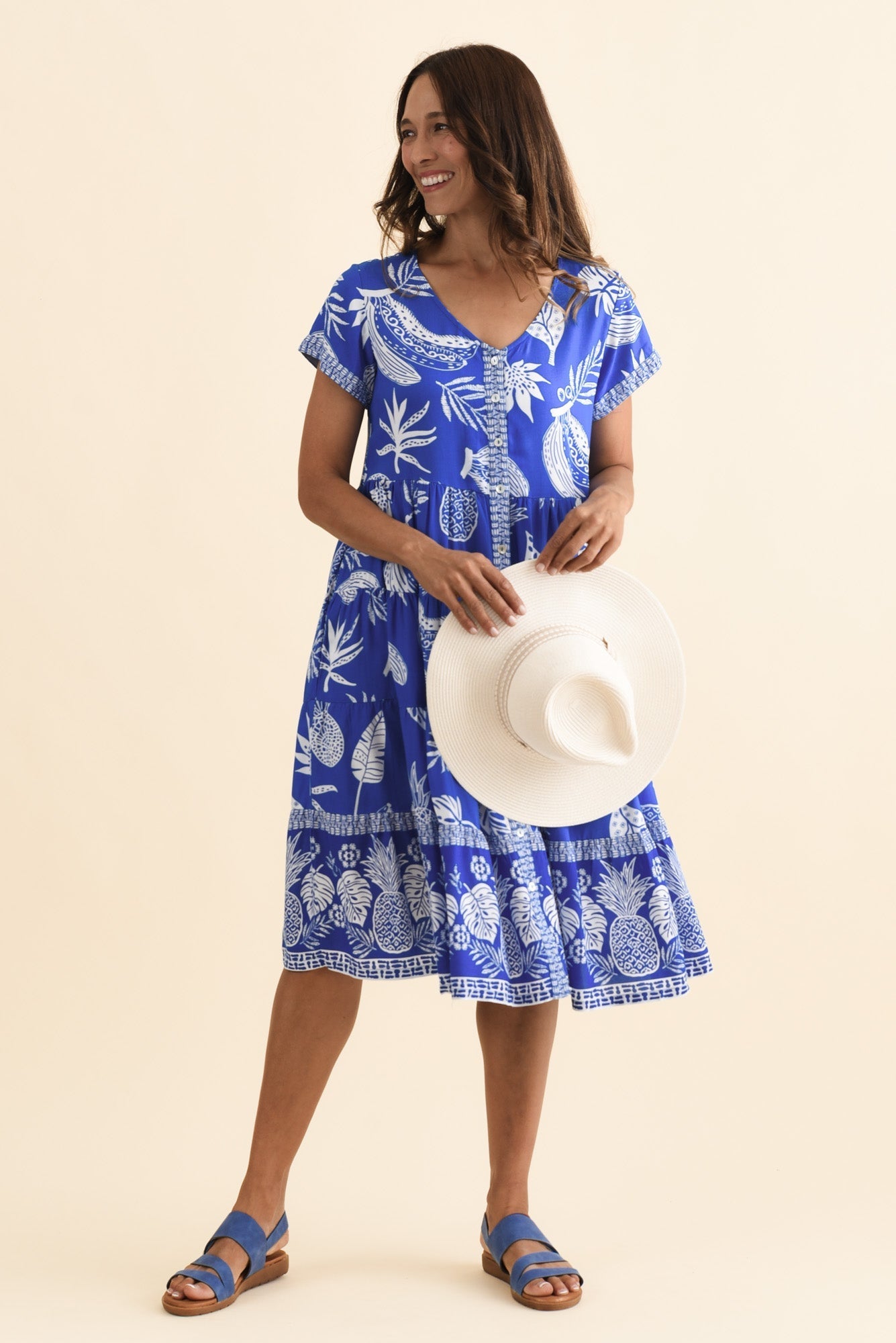 Emila Cobalt Tropical Button Dress