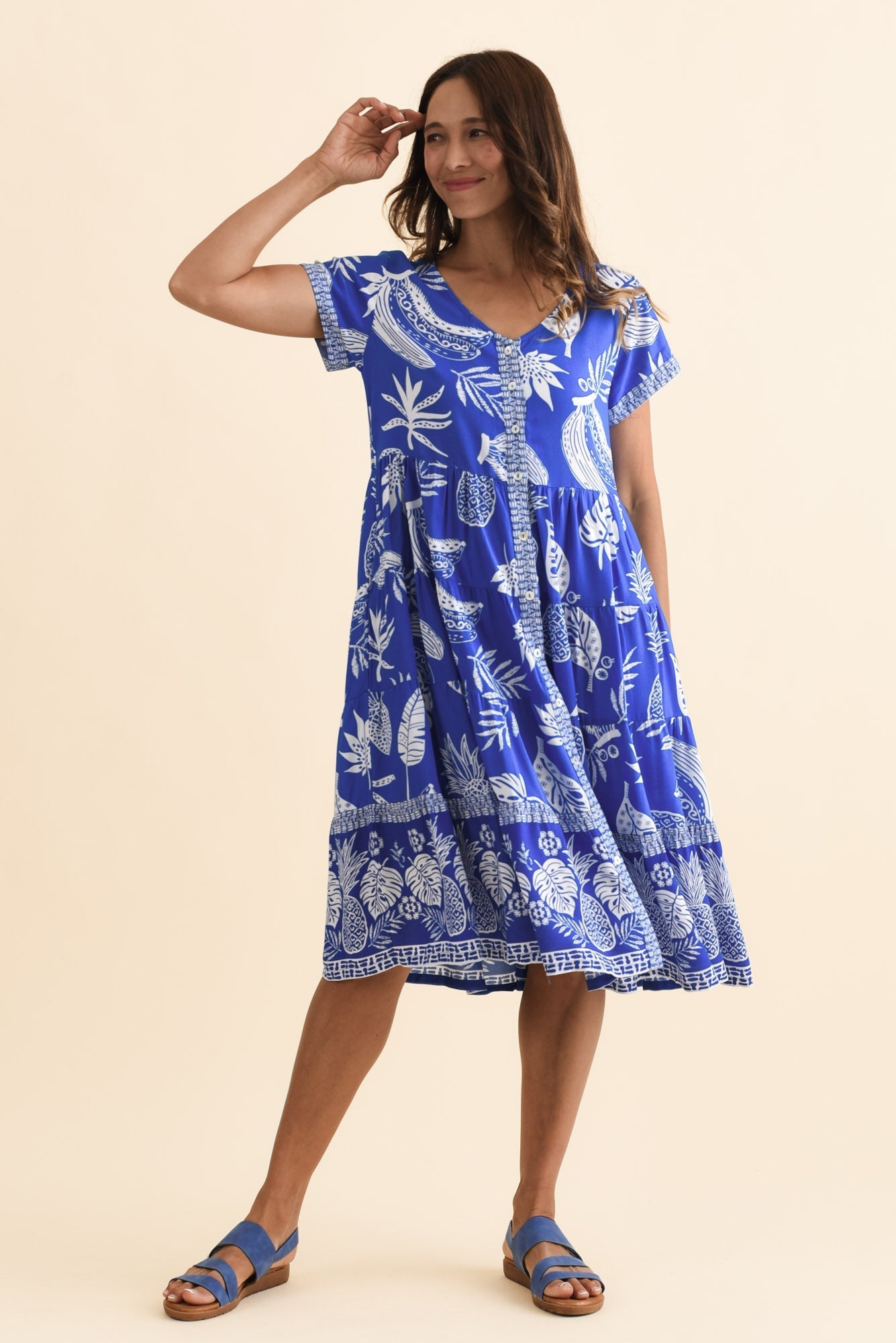 Emila Cobalt Tropical Button Dress