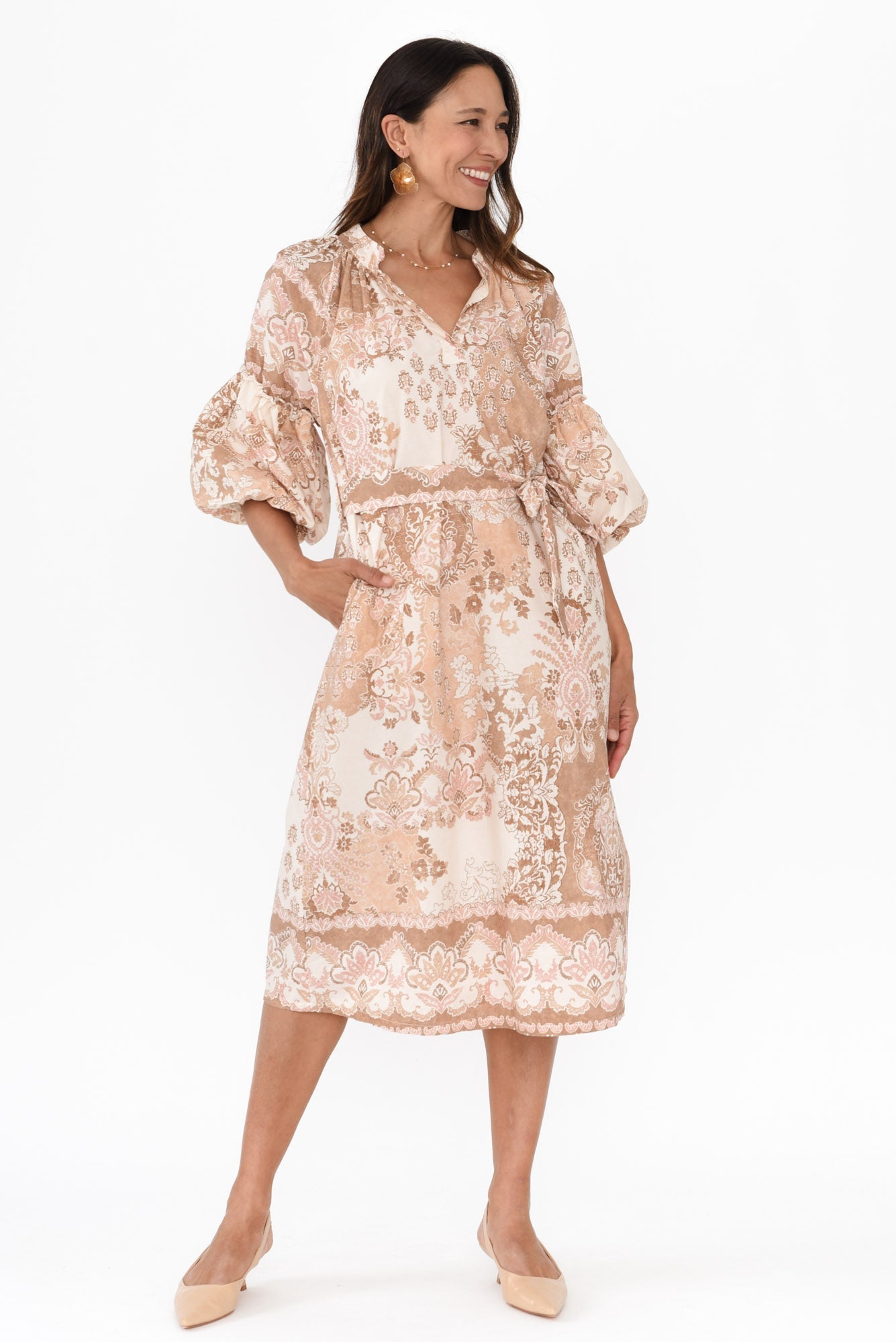 Erica Natural Abstract Cotton Tie Dress